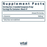 Vital Nutrients Glutamine Poudre: dose-cuillère montrée, facilite le dosage quotidien