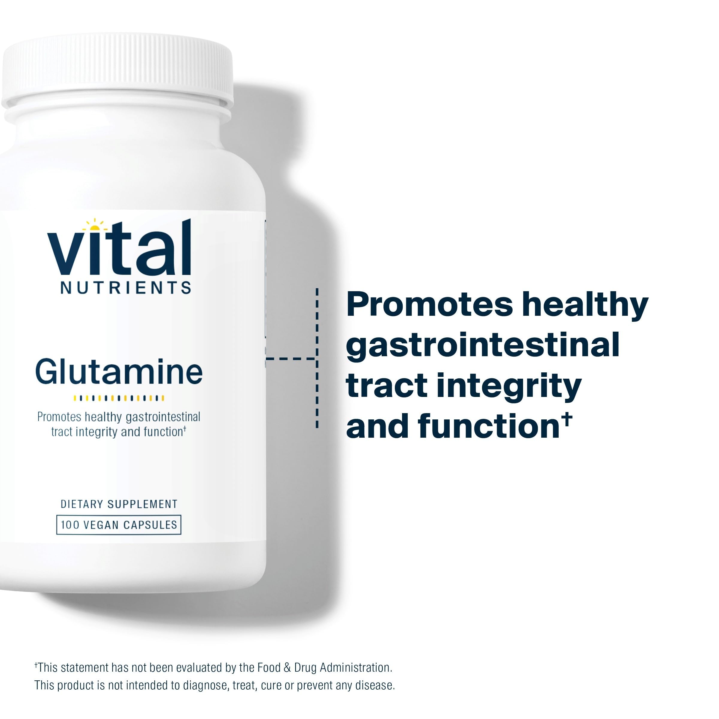 Vital Nutrients Glutamine près d'un tableau d'informations favorisant une routine