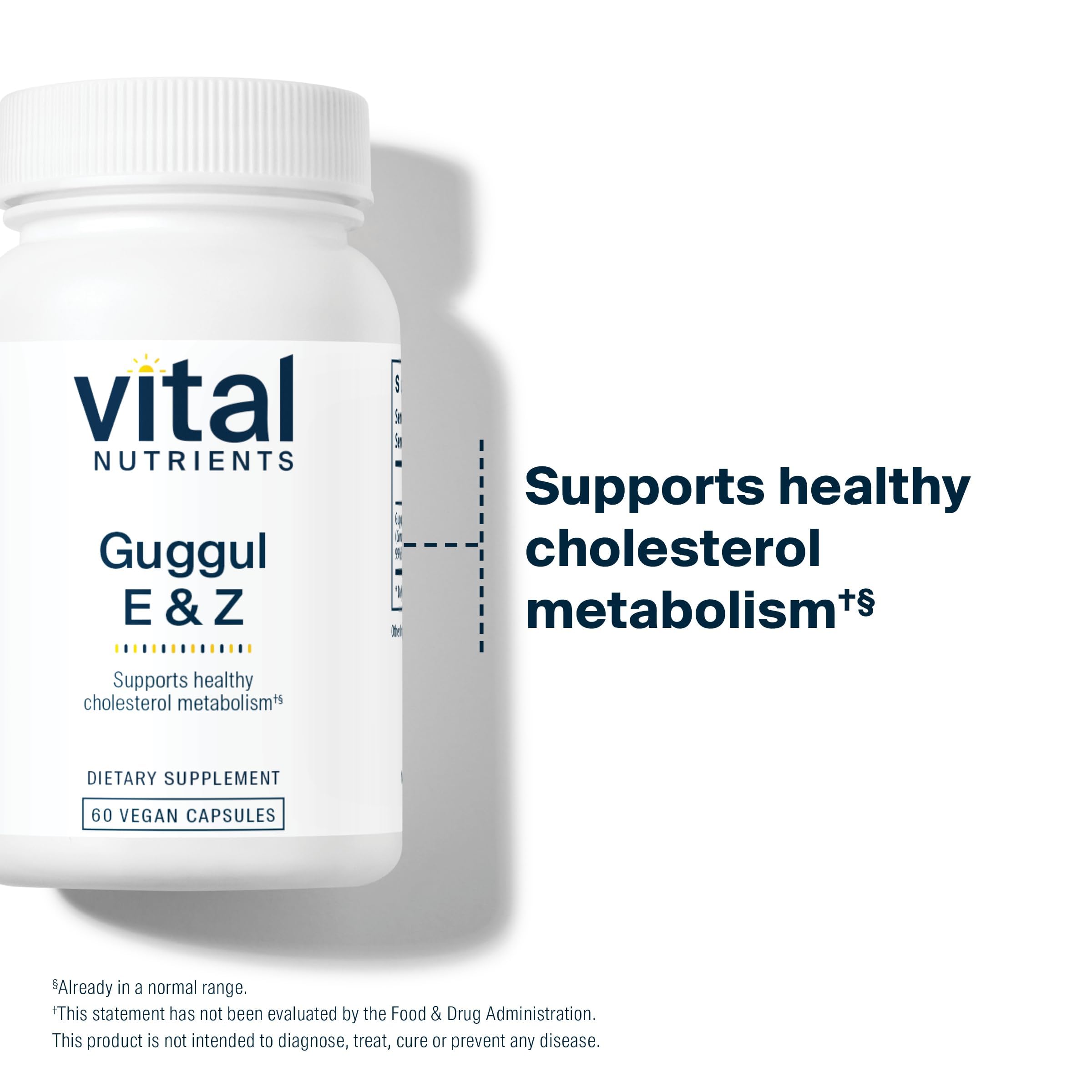 Vital Nutrients Guggul E Z, emballage durable et sans colorants artificiels.