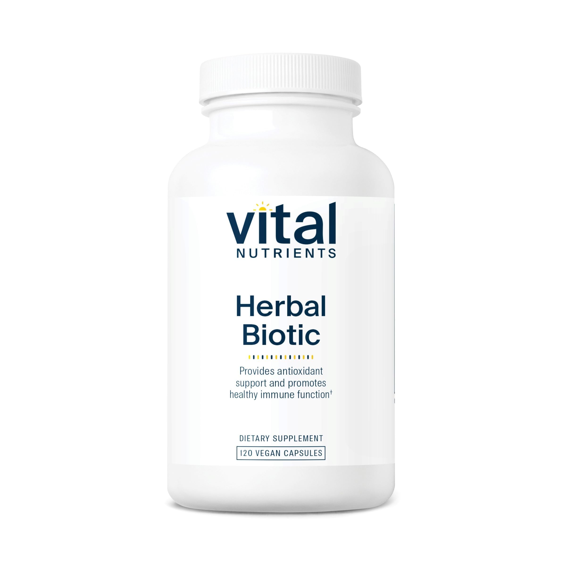 Vital Nutrients Herbal Biotic – bouteille illustrant le soutien immunitaire naturel et l'antioxydant.