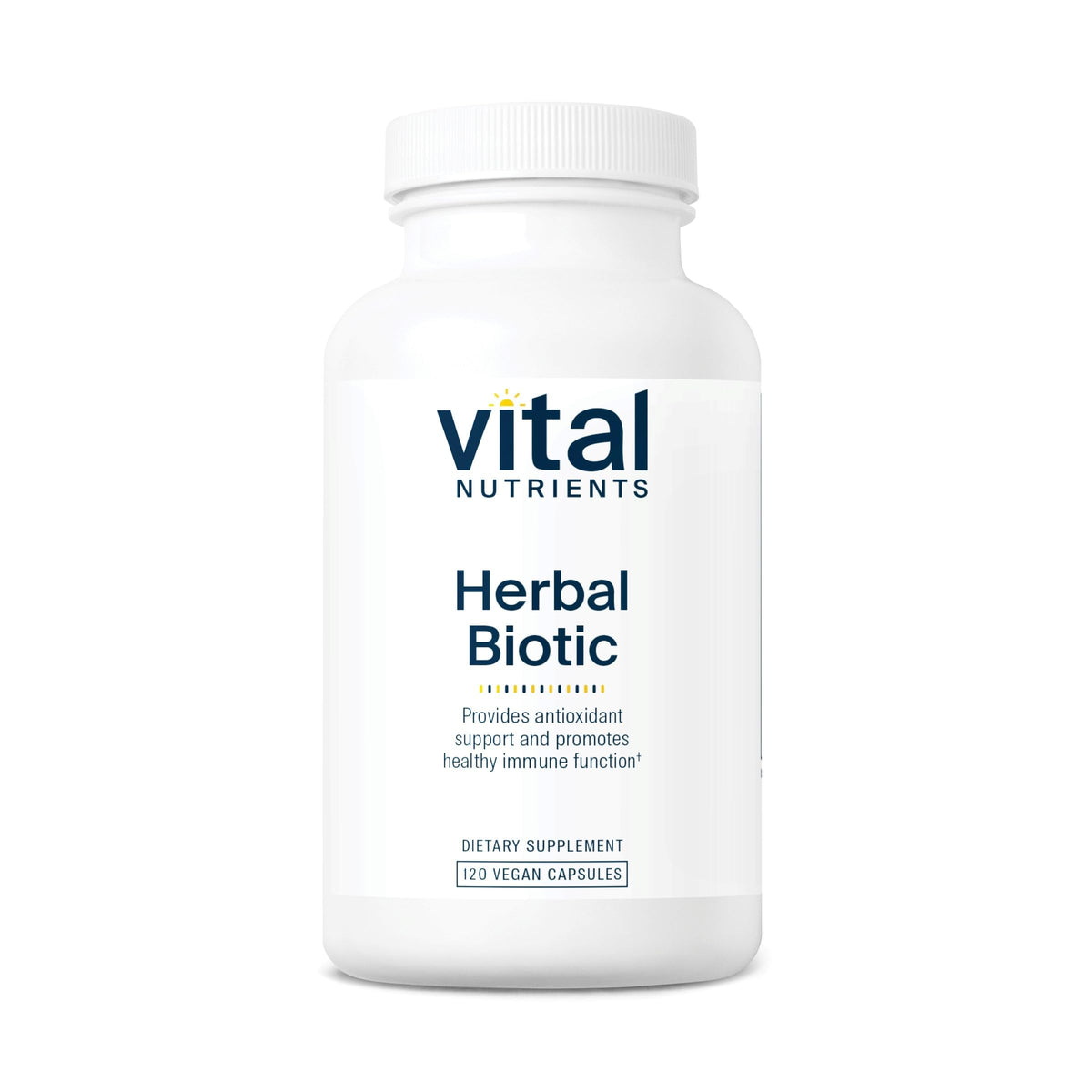 Vital Nutrients Herbal Biotic – bouteille illustrant le soutien immunitaire naturel et l'antioxydant.