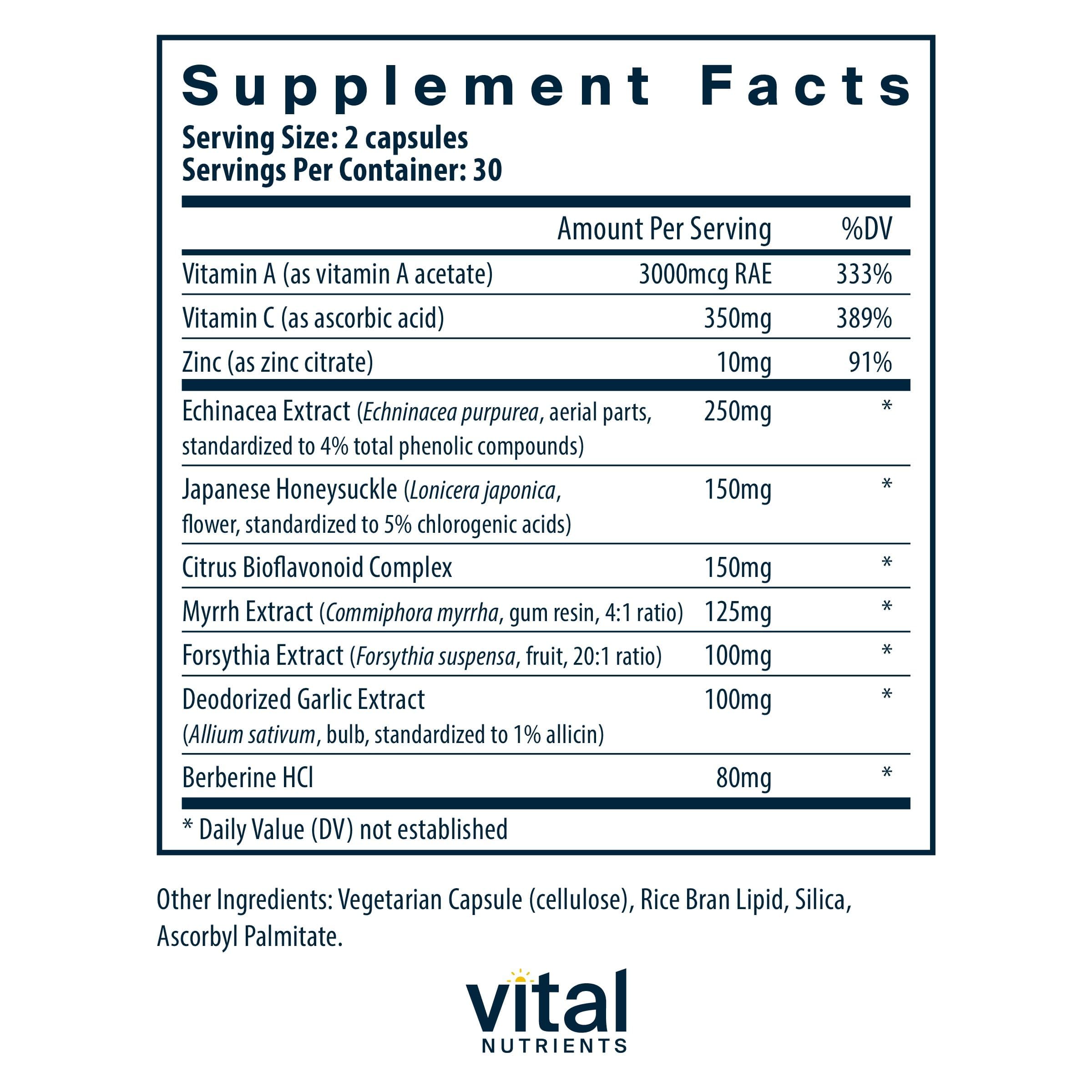 Vital Nutrients Herbal Biotic étiquette claire indiquant les ingrédients clés et les usages potentiels.
