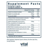 Vital Nutrients Herbal Biotic étiquette claire indiquant les ingrédients clés et les usages potentiels.