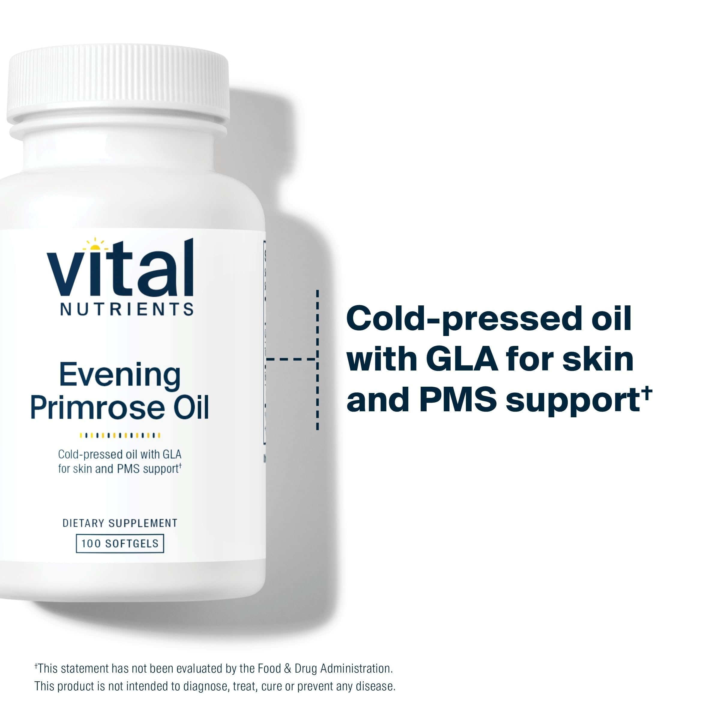 Vital Nutrients huile d'onagre 1000 mg - emballage, formule hypoallergénique et sans OGM.
