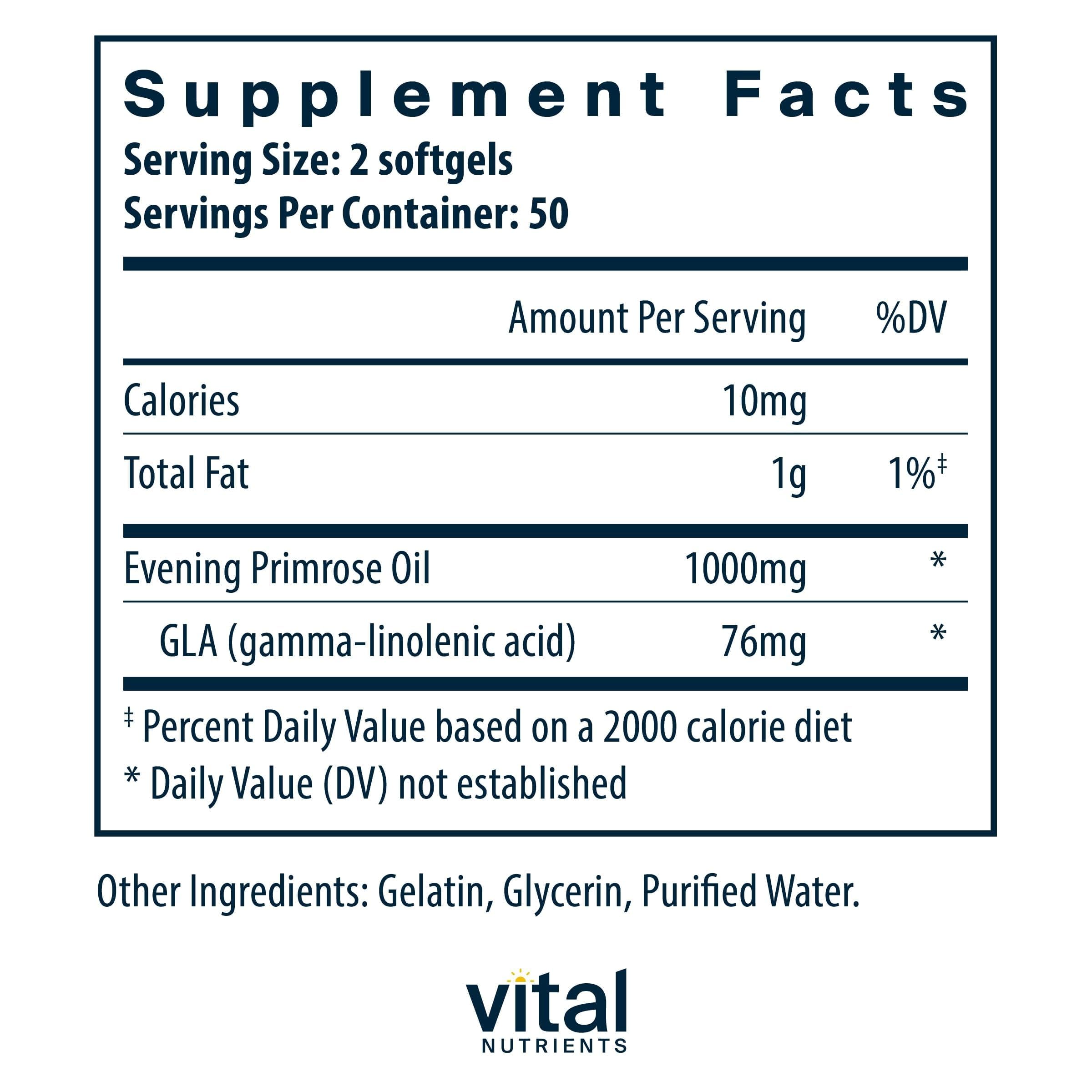 Vital Nutrients huile d'onagre 1000 mg - gélules molles, action possible sur peau et métabolisme.