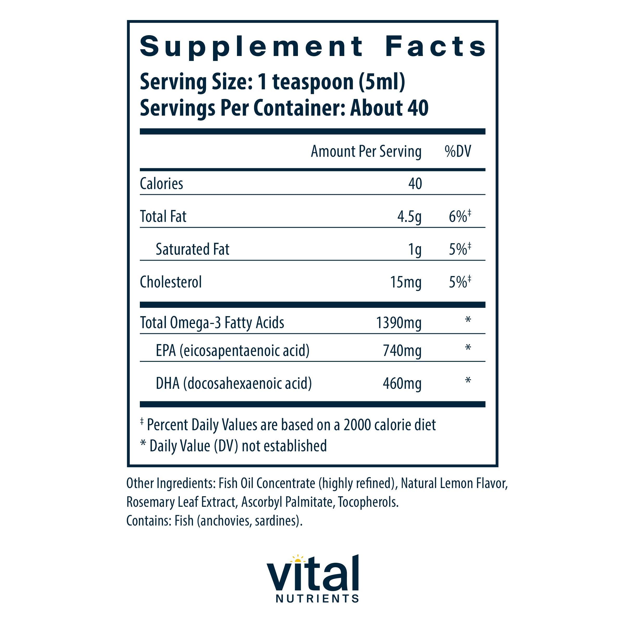 Vital Nutrients huile poisson liquide des profondeurs marines avec arôme citron naturel.