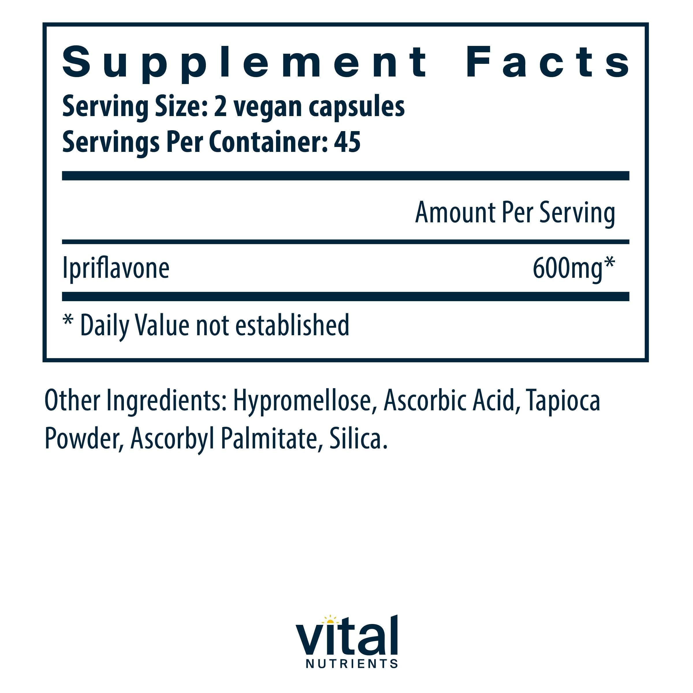 Vital Nutrients Ipriflavone 600mg – Formule vegan favorisant la minéralisation osseuse.
