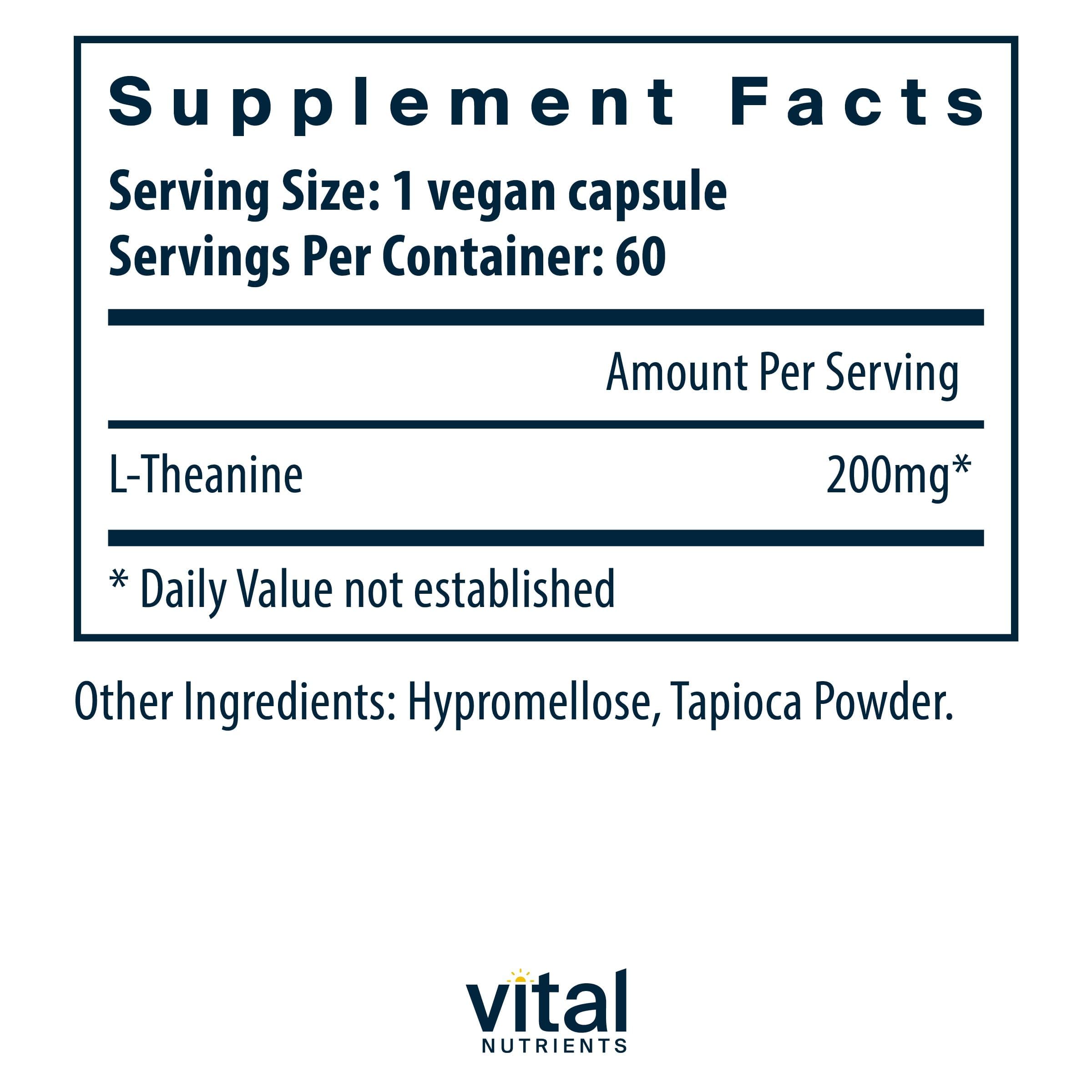 Capsules Vital Nutrients L-Theanine 200mg pour soutien calme et concentration
