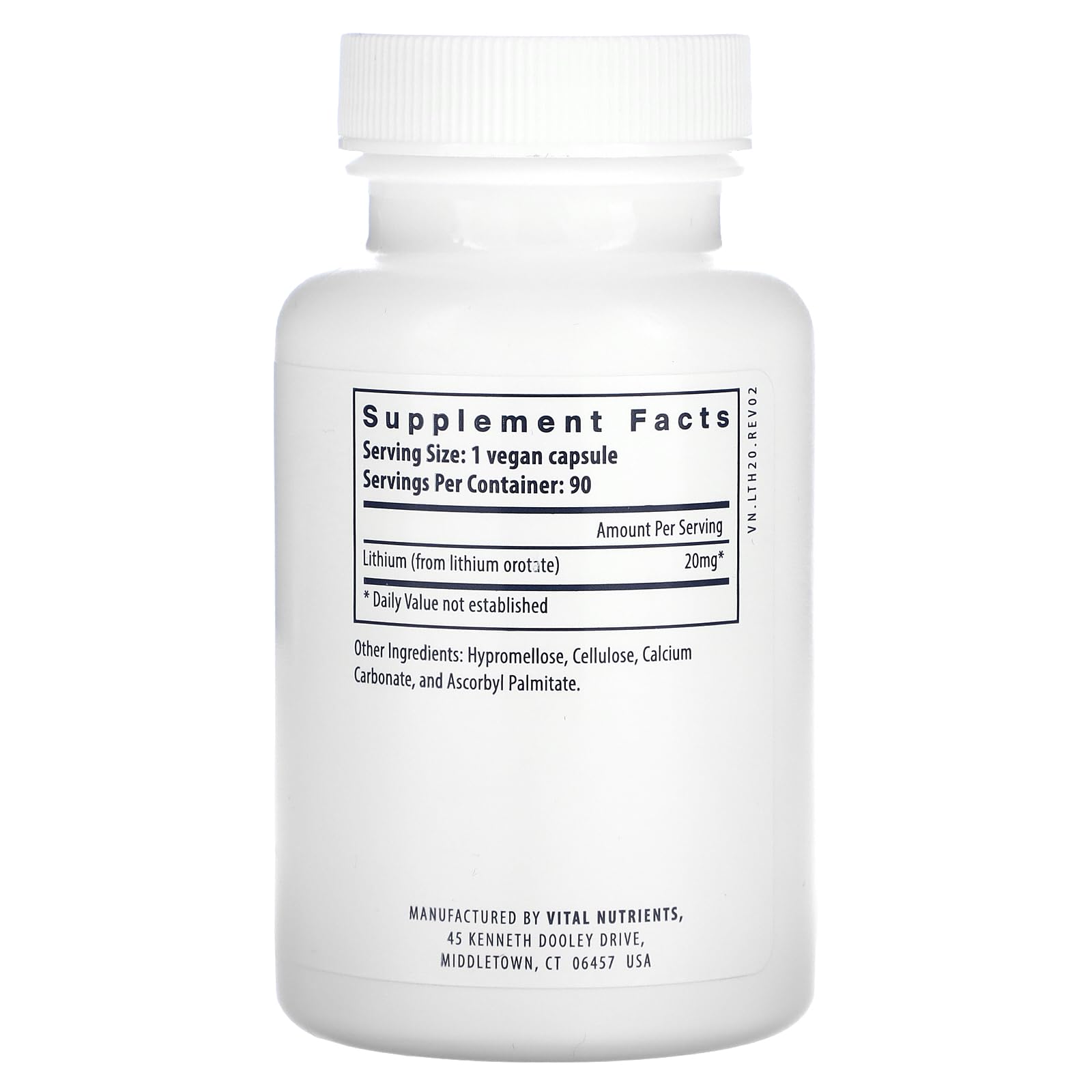 Vital Nutrients Lithium Orotate – emballage 90 gélules, soutien potentiel au bien-être quotidien.