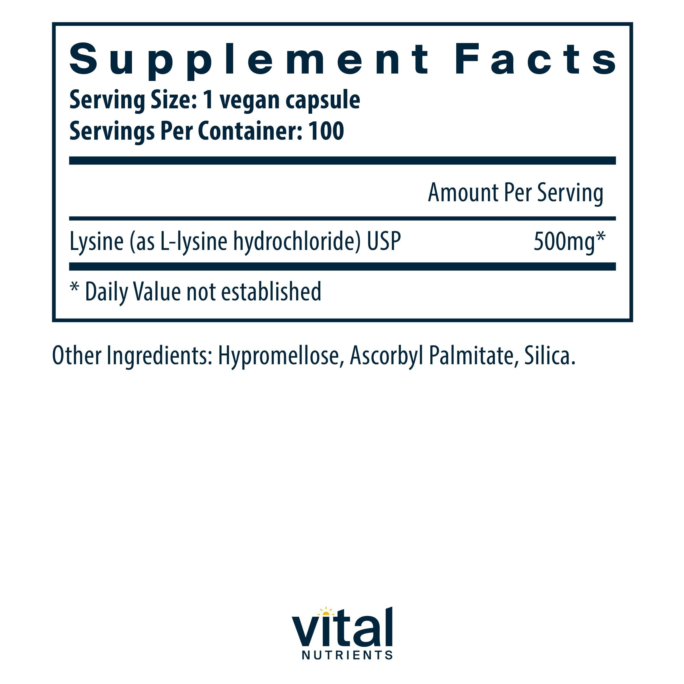 Vital Nutrients Lysine, capsules faciles à avaler, formulation vegan et hypoallergénique