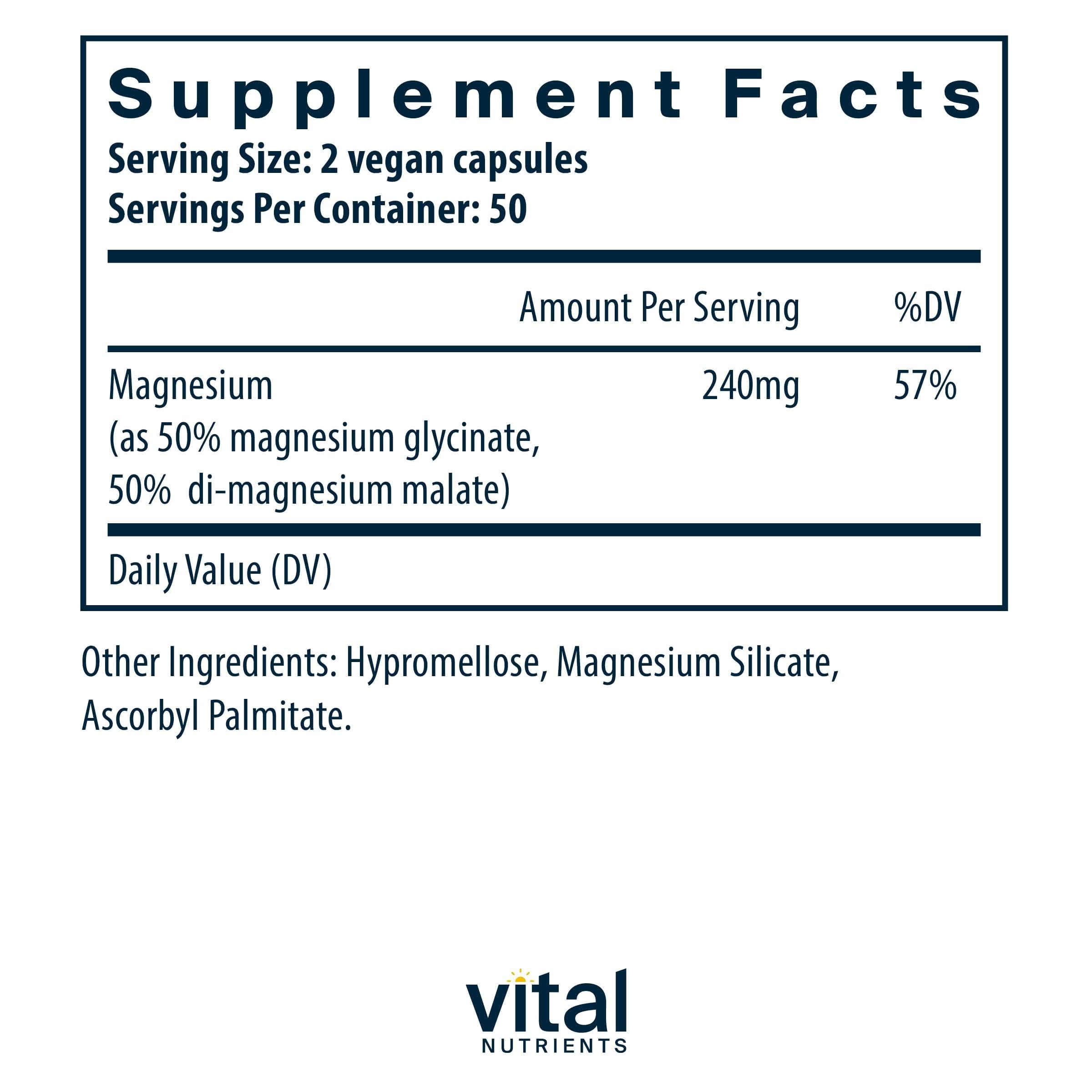 Vital Nutrients Magnésium Glycinate Malate – capsules blanches, absorption douce et confort intestinal