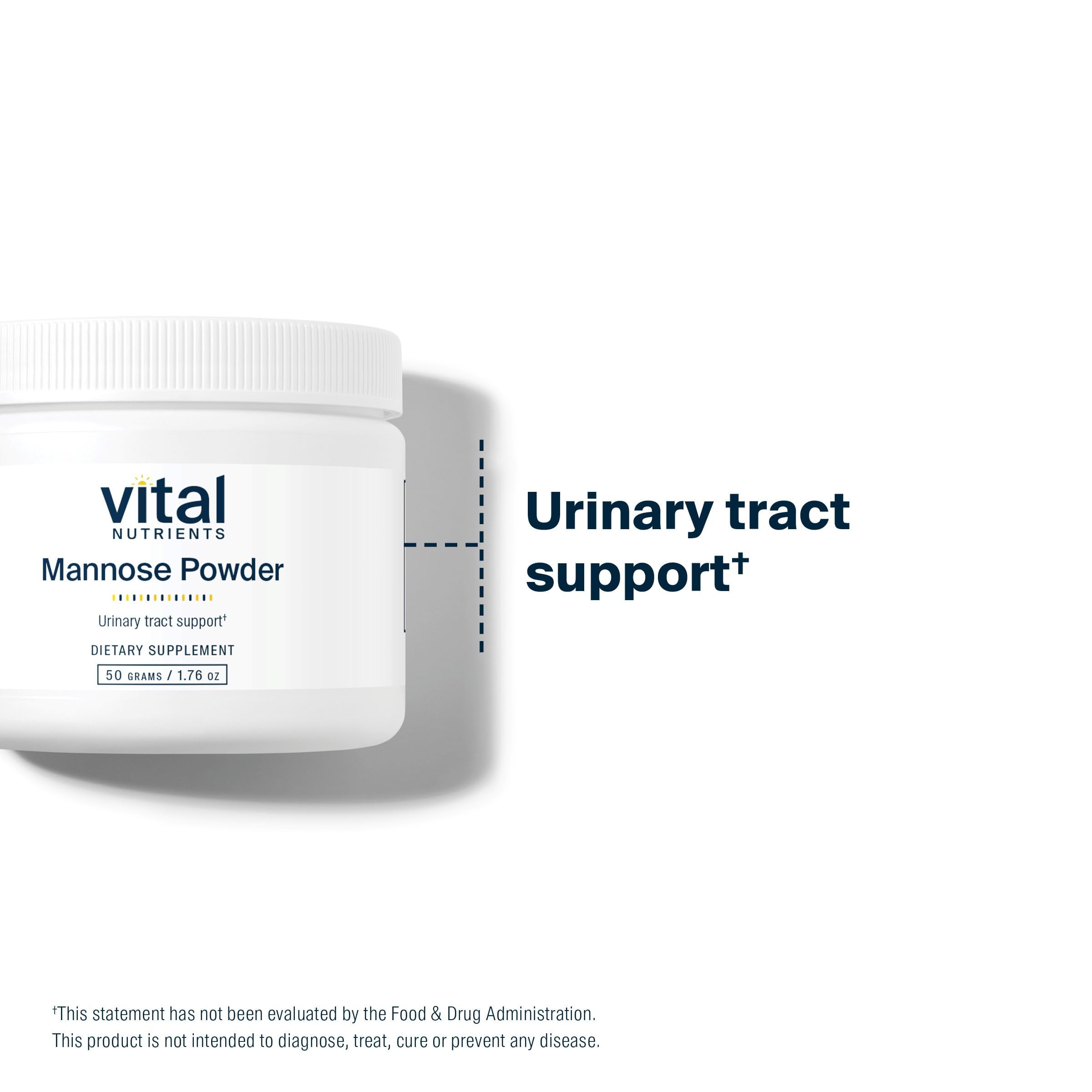 Vital Nutrients Mannose Poudre — Étiquetage clair reflétant la formule clean-label.