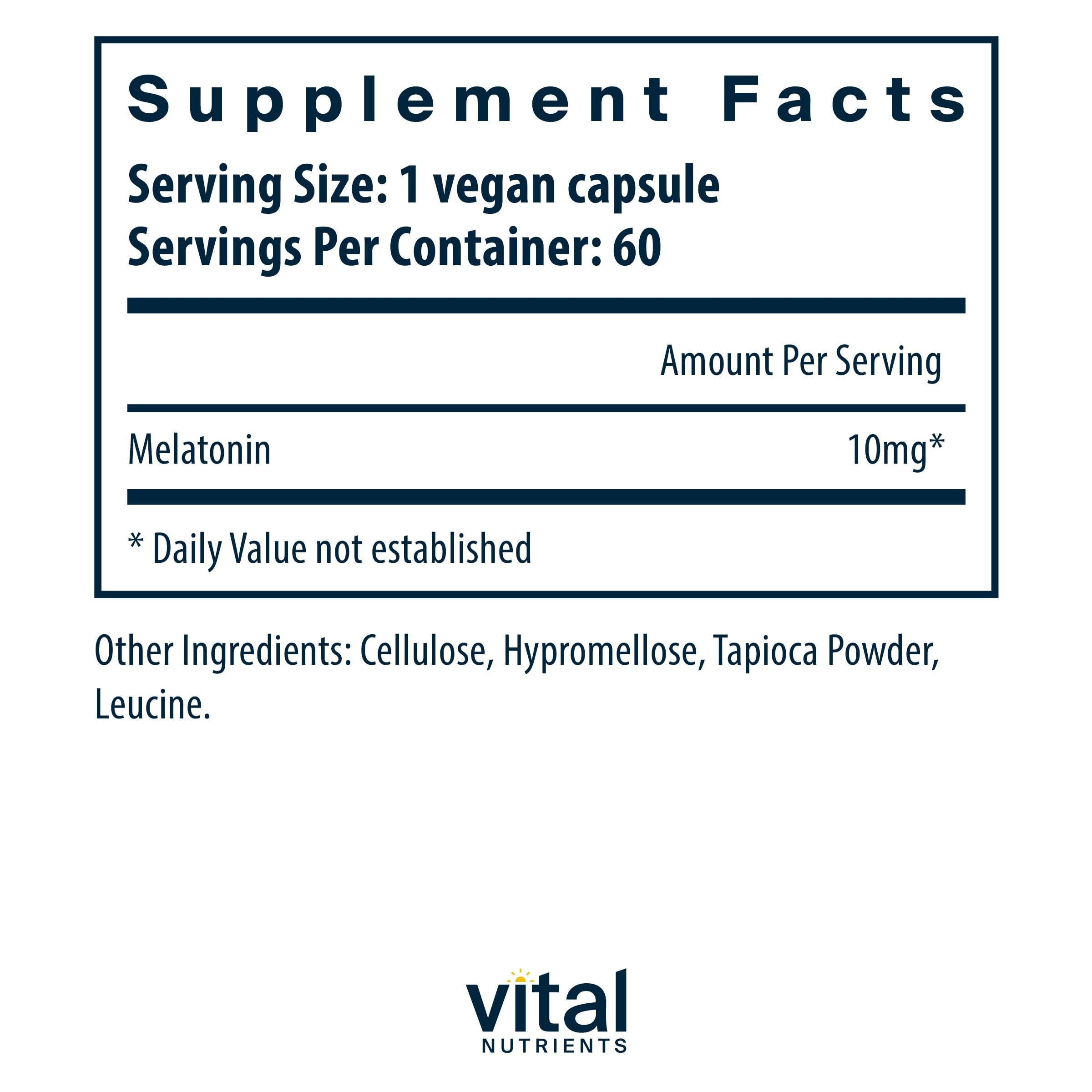 Vital Nutrients Mélatonine 10 mg – emballage, formule végane et sans allergènes.