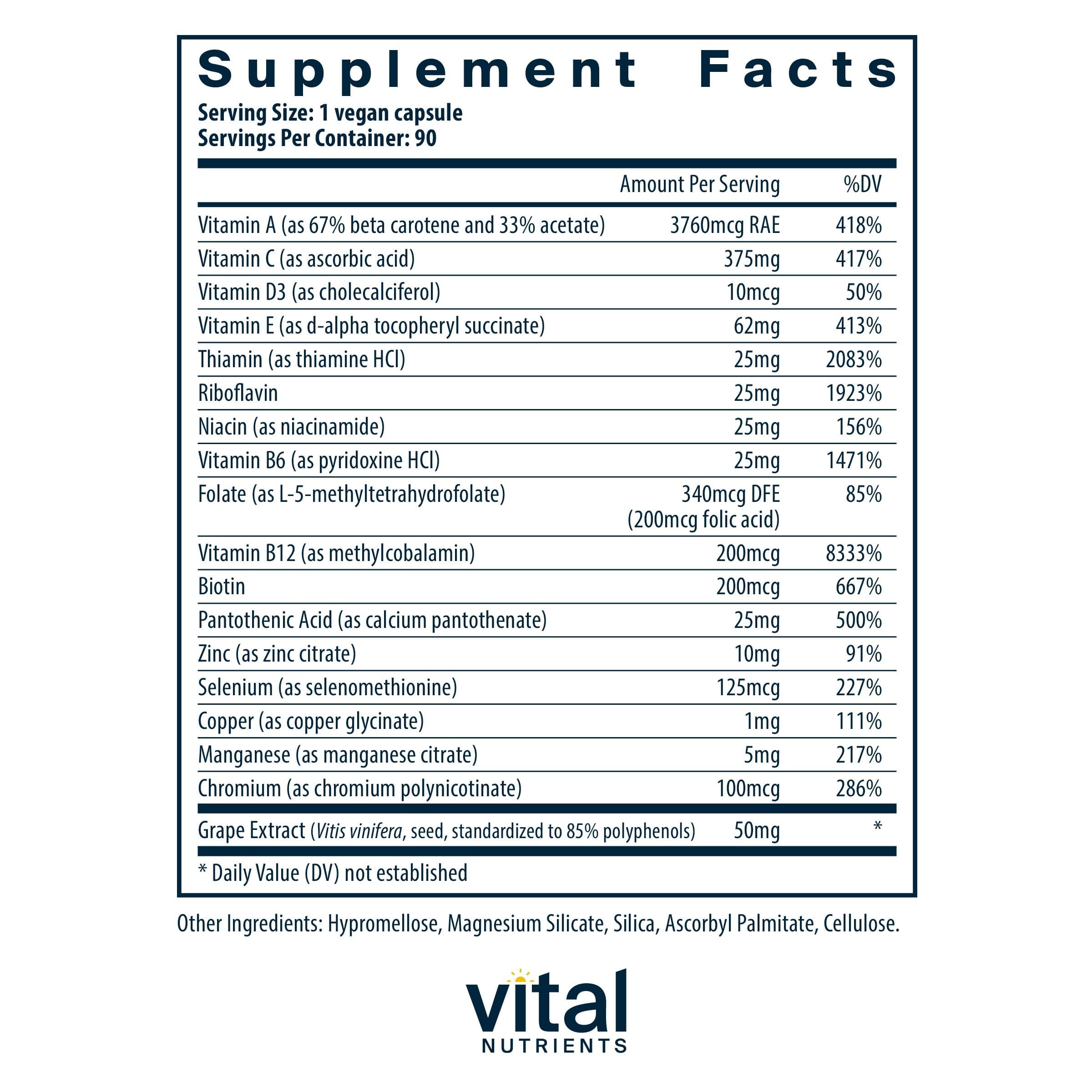 Vital Nutrients Minimal Essential Bouteille 90-Capsules : présentation pratique pour une routine nutritionnelle.