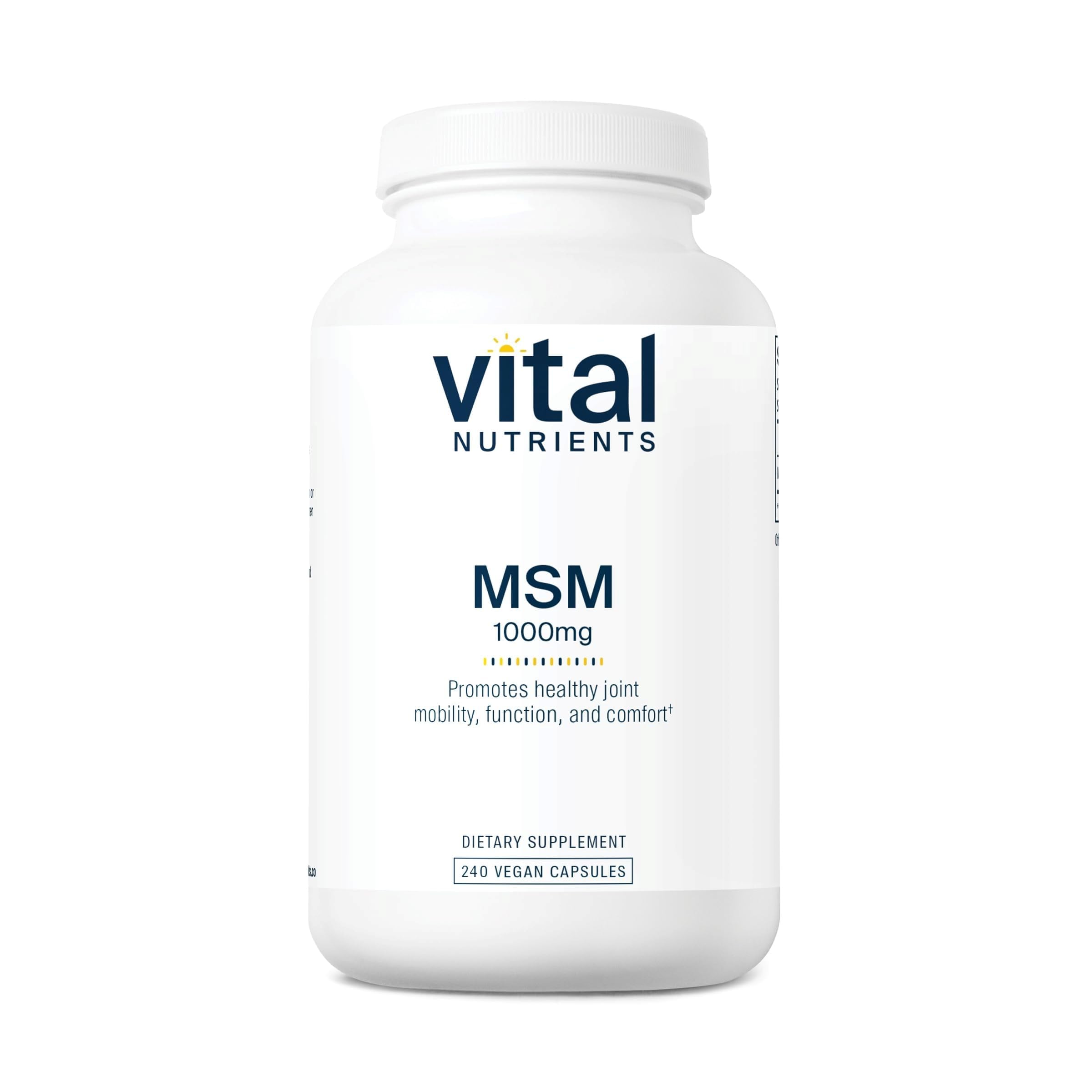 Vital Nutrients MSM 1000mg – bouteille affichant le flacon, soutien potentiel des articulations.