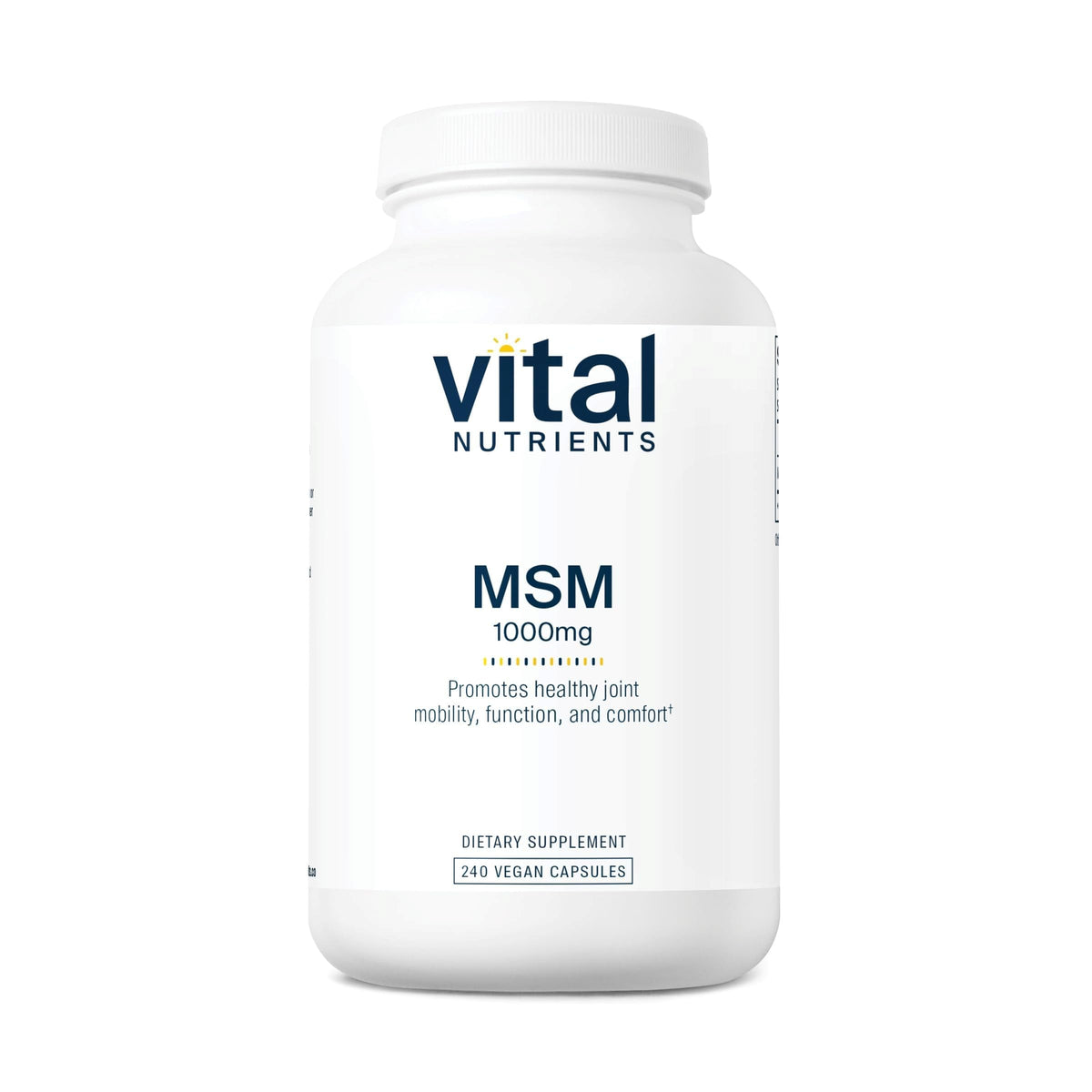 Vital Nutrients MSM 1000mg – bouteille affichant le flacon, soutien potentiel des articulations.