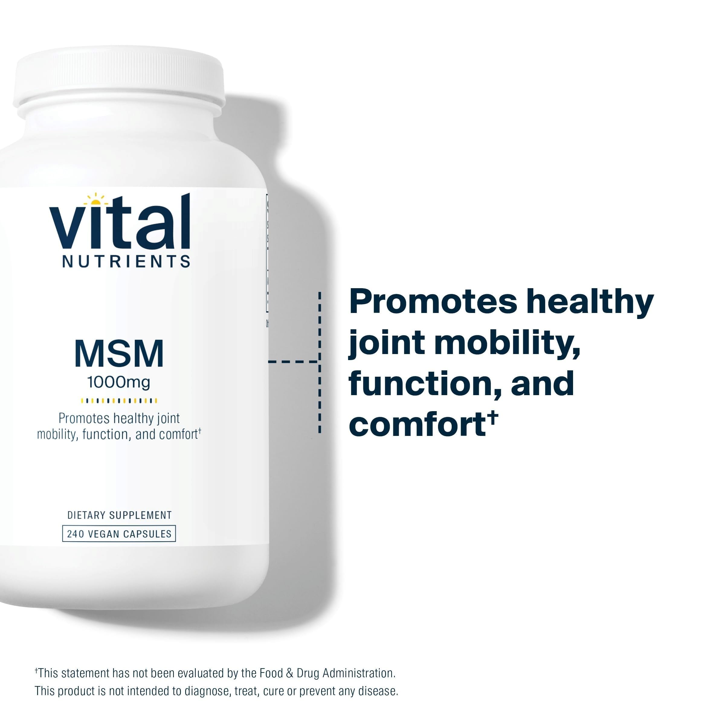 Vital Nutrients MSM 1000mg – étiquette claire, transparence sur les ingrédients et la qualité.