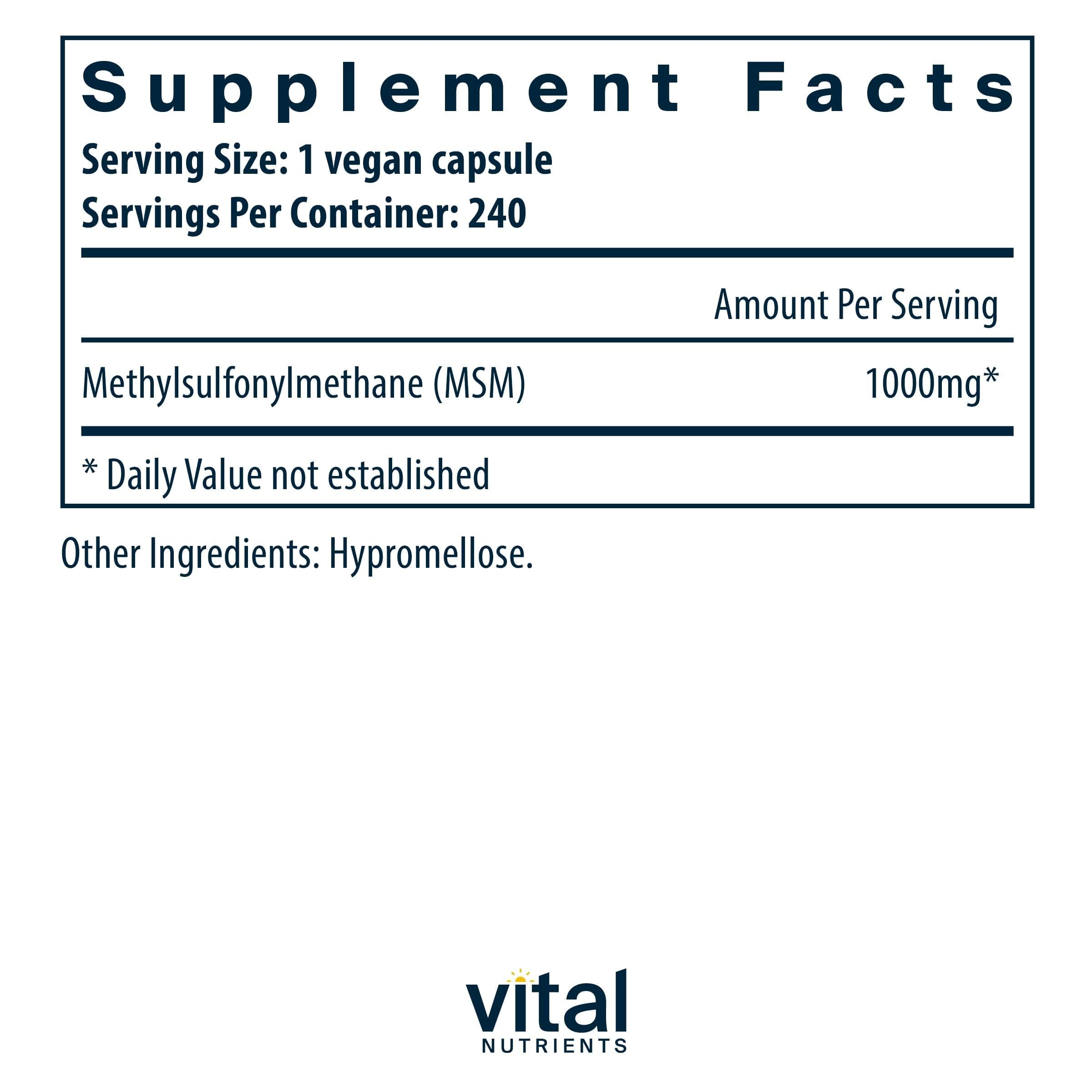 Vital Nutrients MSM 1000mg – gélules visibles, formule hypoallergénique pour le confort des articulations.