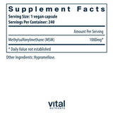 Vital Nutrients MSM 1000mg – gélules visibles, formule hypoallergénique pour le confort des articulations.
