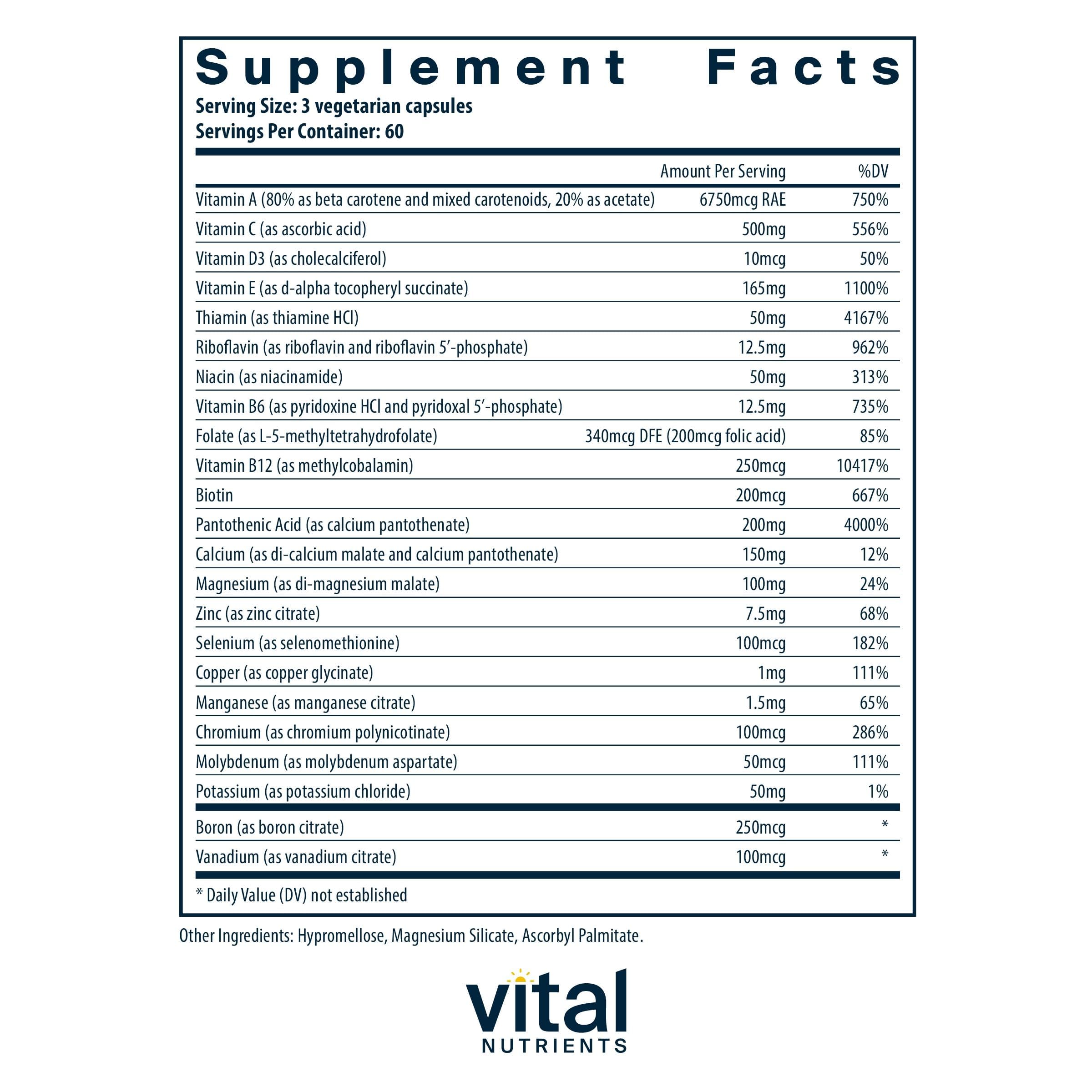 Vital Nutrients Multi-Nutrients: Metafolin L-5-MTHF et B12 pour une assimilation optimale.