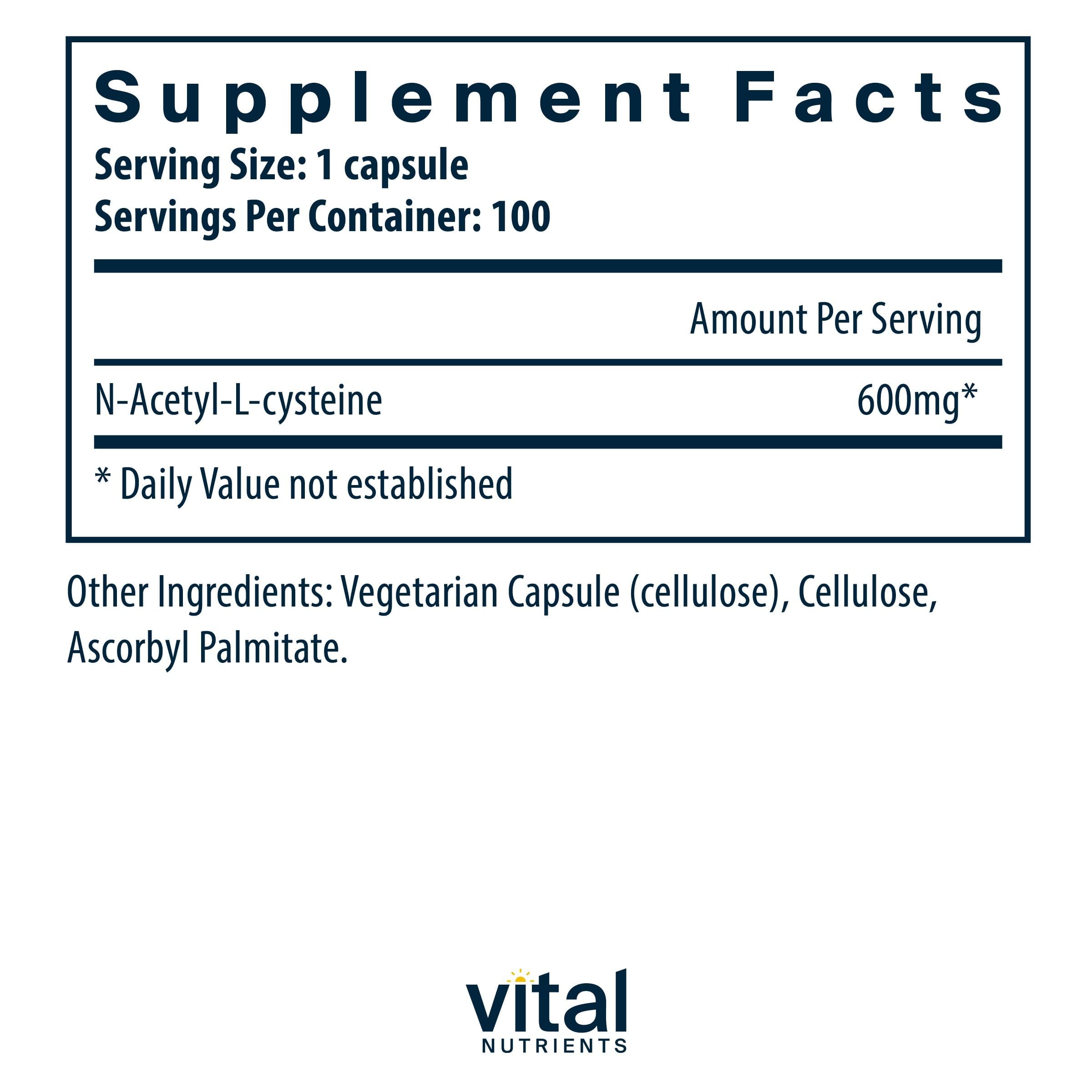 Vital Nutrients NAC 600mg - capsules: soutien potentiel du foie et des défenses.