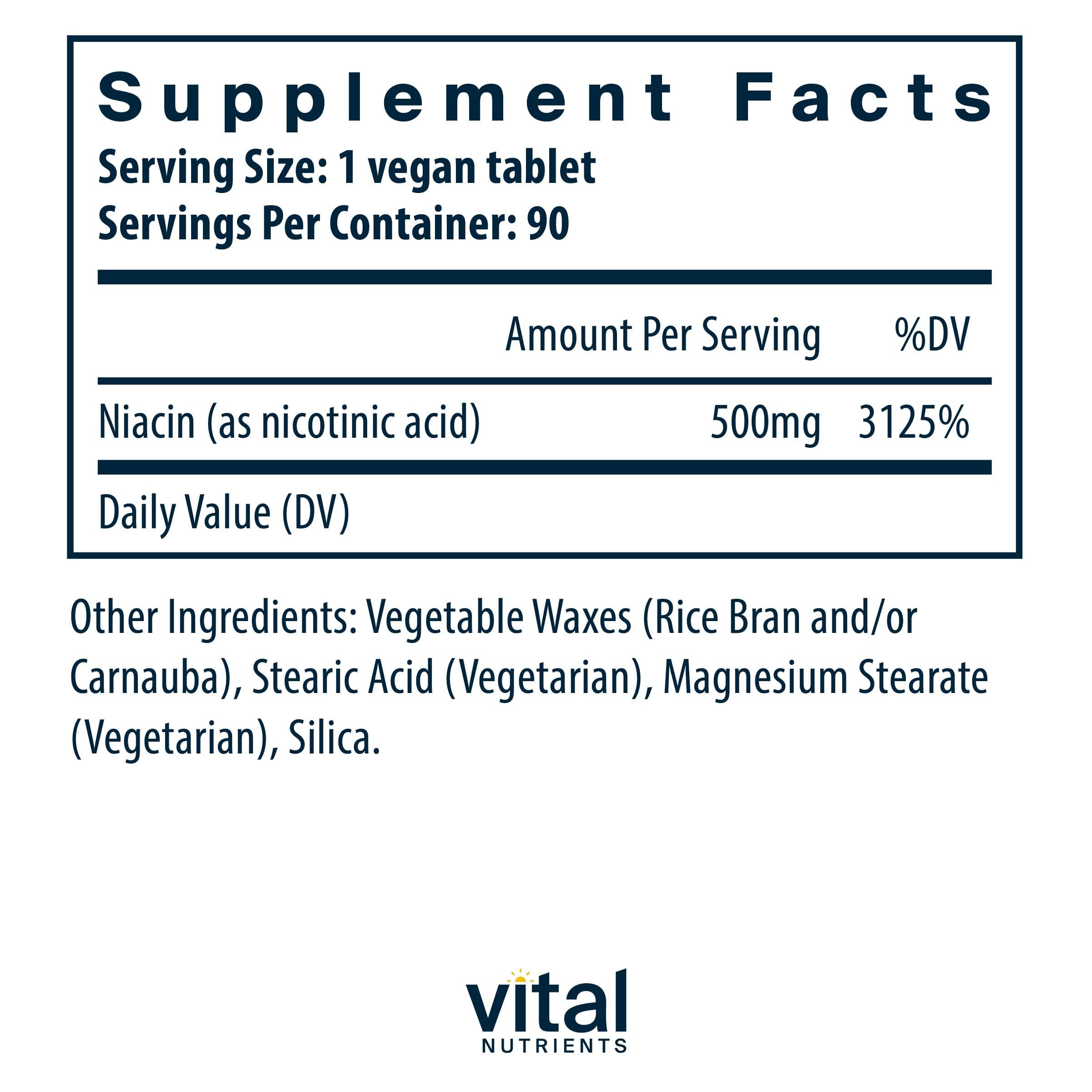 Vital Nutrients Niacin 500 mg — tablettes, libération retardée, favorise le métabolisme et la vitalité
