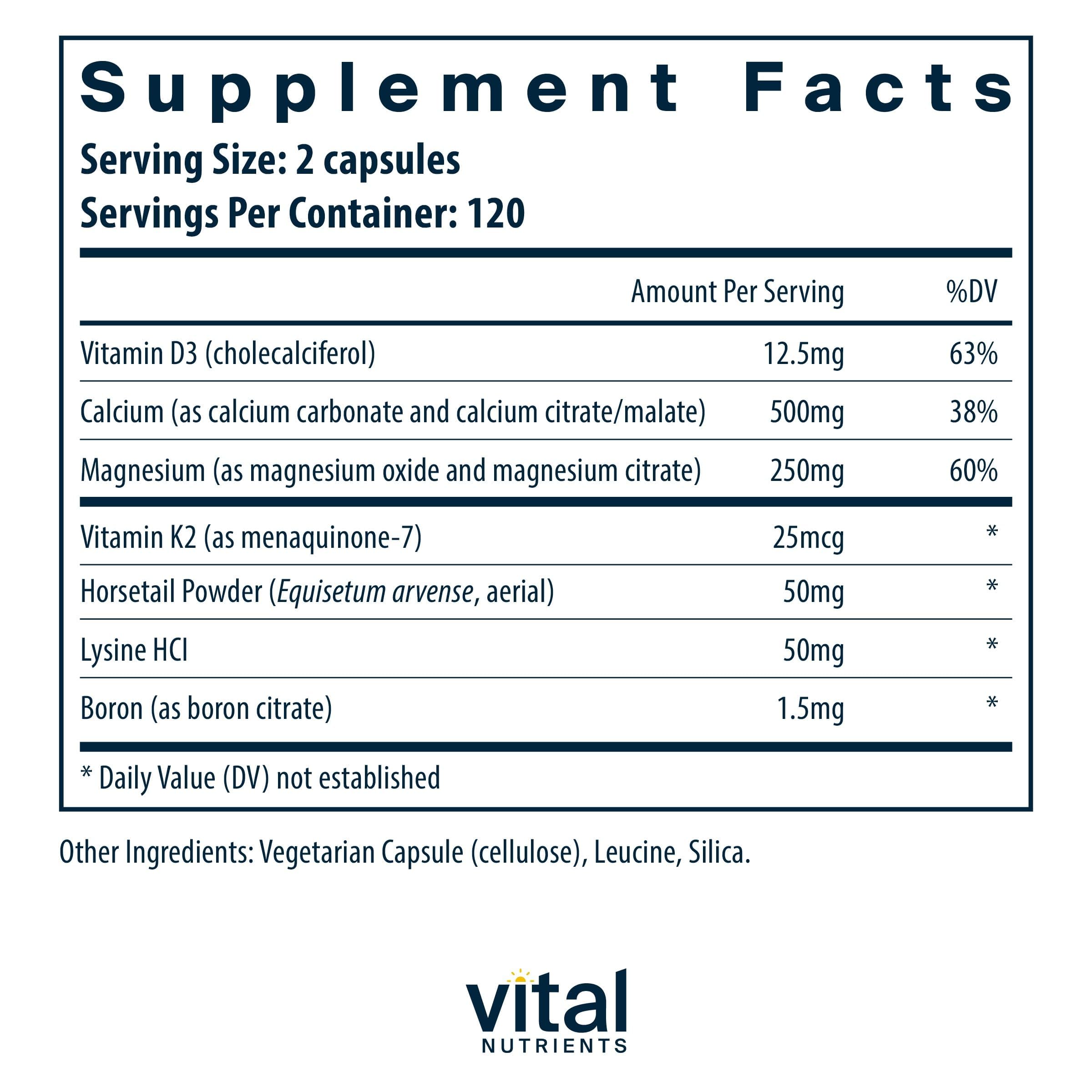 Étiquette Vital Nutrients Osteo-Nutrients II affichant les ingrédients pour la solidité osseuse.