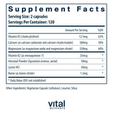 Étiquette Vital Nutrients Osteo-Nutrients II affichant les ingrédients pour la solidité osseuse.