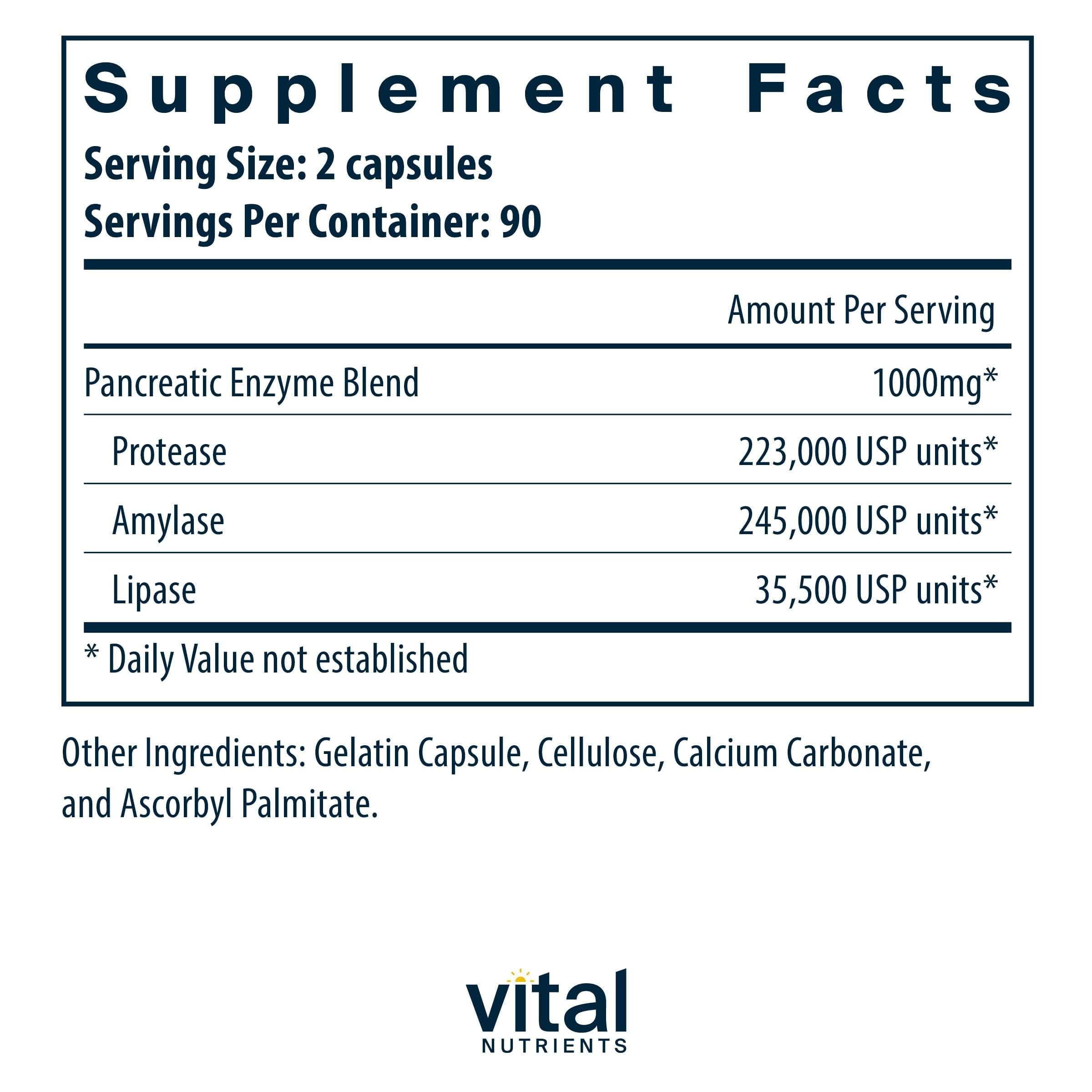 Vital Nutrients Pancréatiques : dose quotidienne pour soutenir digestion et absorption des graisses.