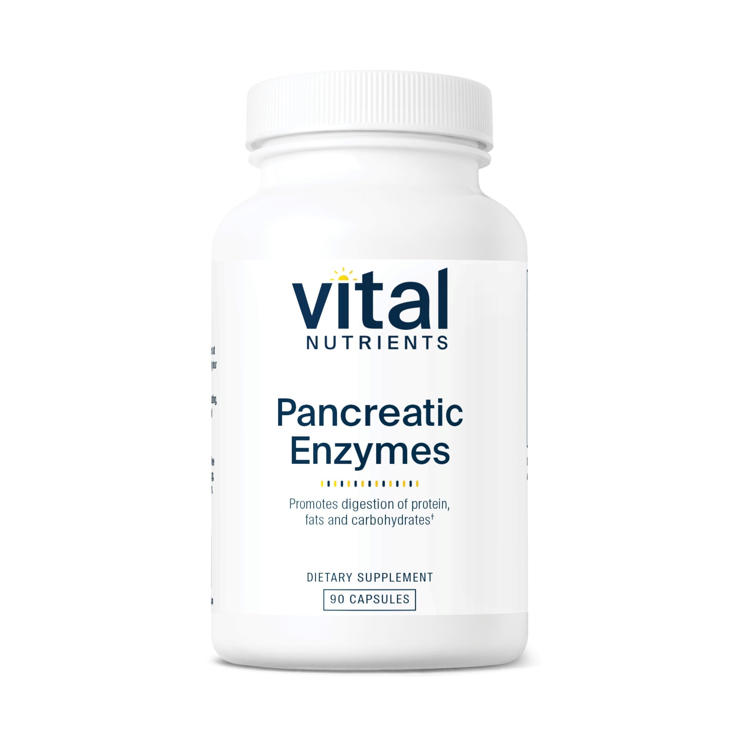 Vital Nutrients Pancréatiques Enzymes: bouteille visible pour soutenir la digestion après le repas.