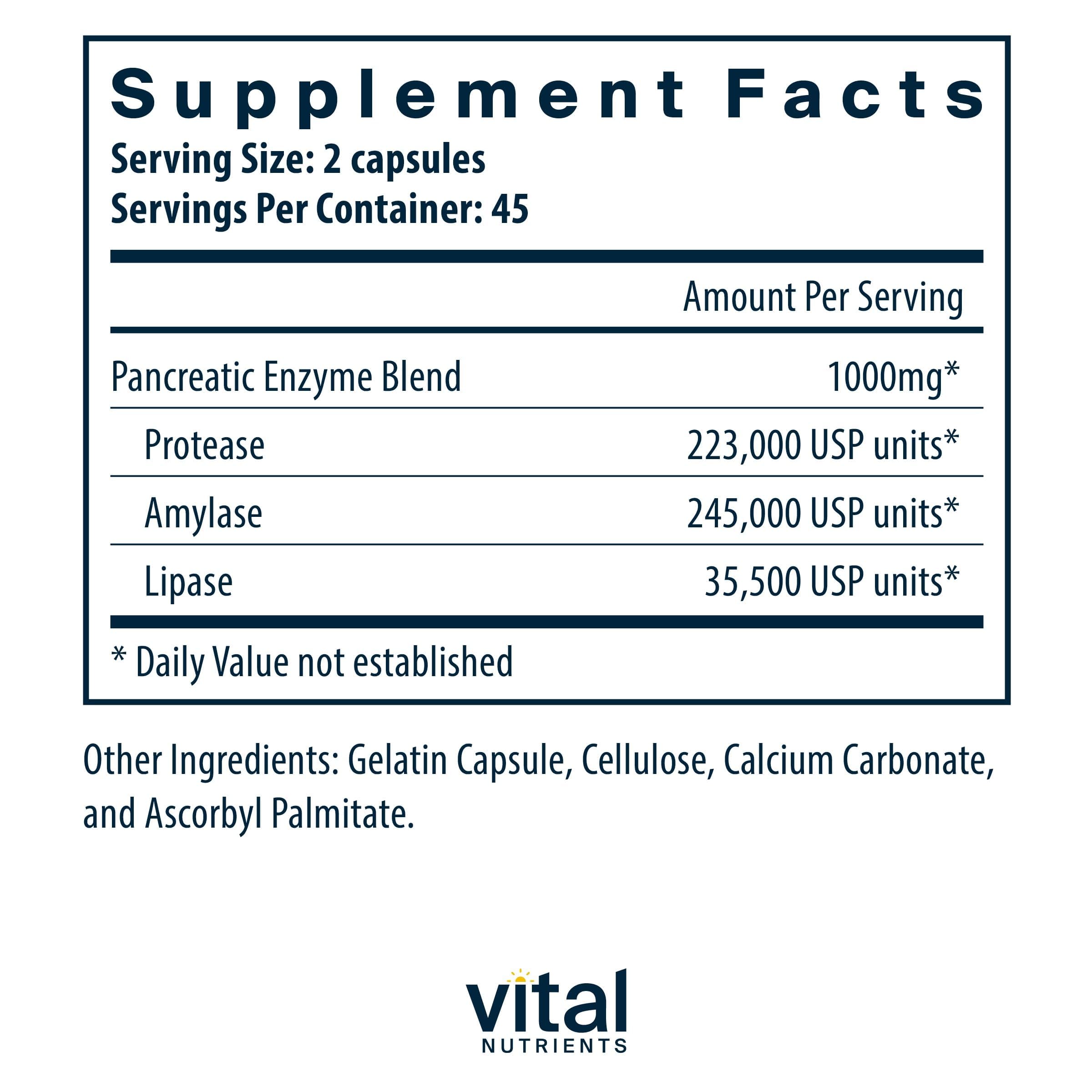 Capsules Vital Nutrients Pancréatiques prêtes à avaler pour une digestion efficace.