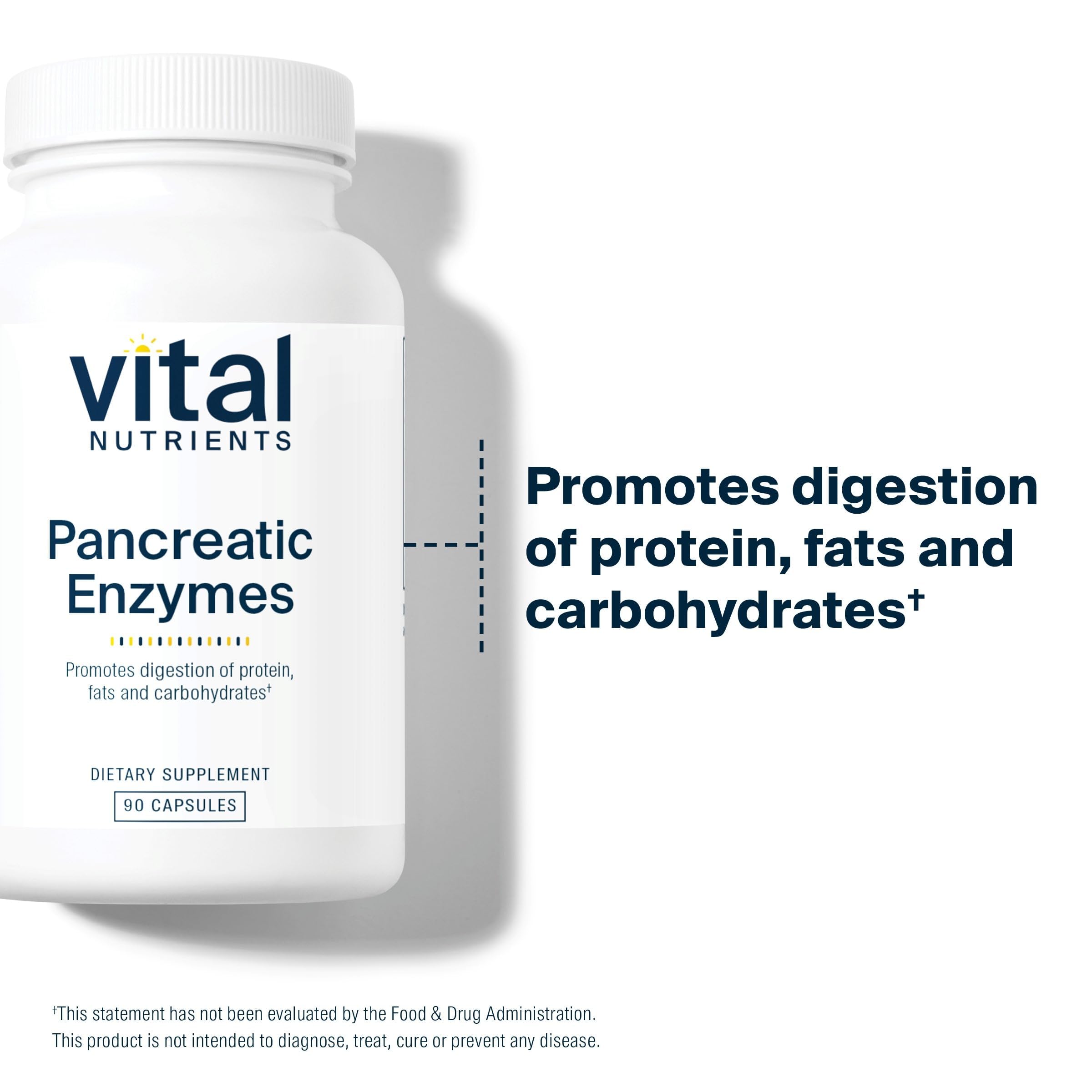 Étiquette Vital Nutrients Pancréatiques affichant les ingrédients et usages recommandés.