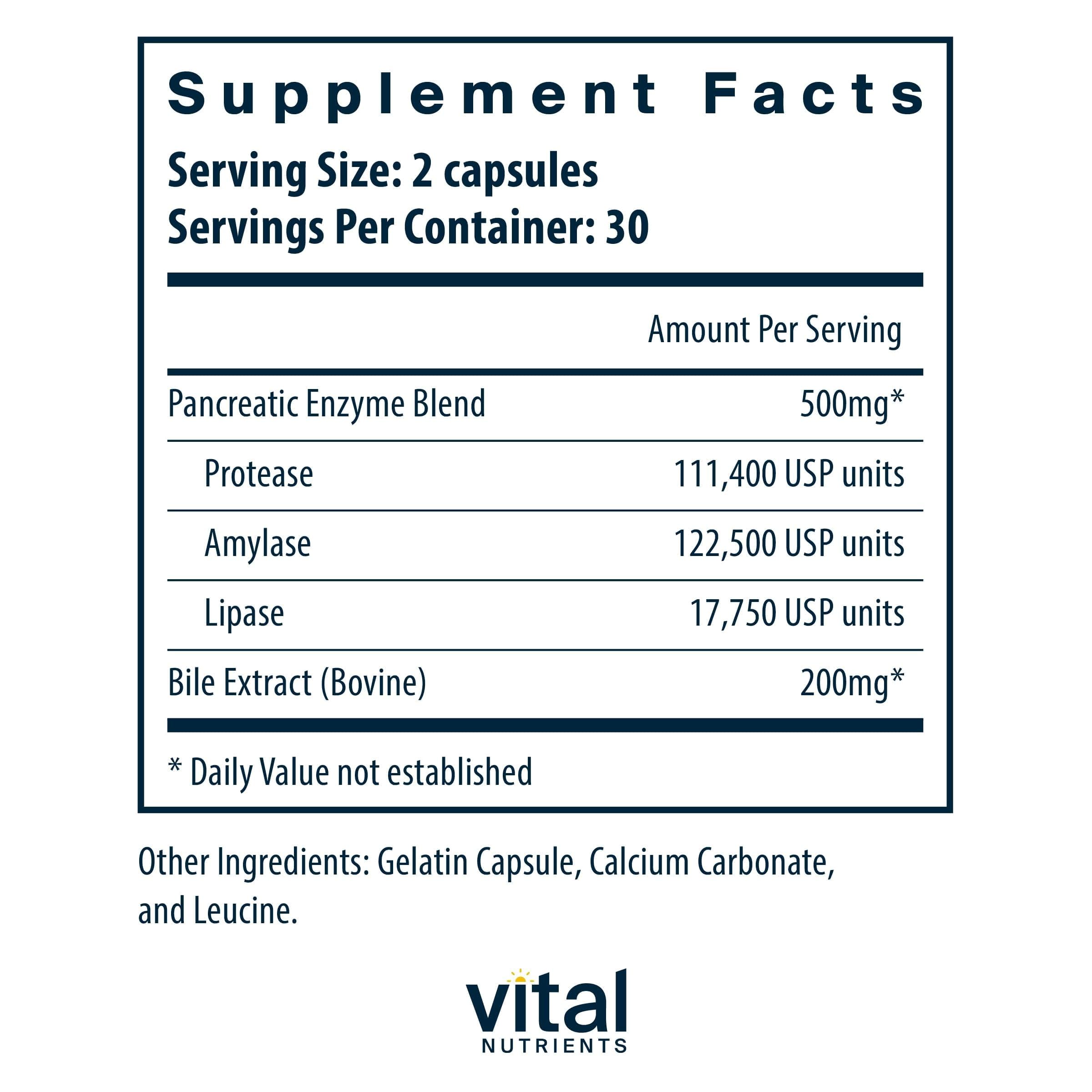 Vital Nutrients Pancrétine et Bile Ox - ingrédients hypoallergéniques et naturels
