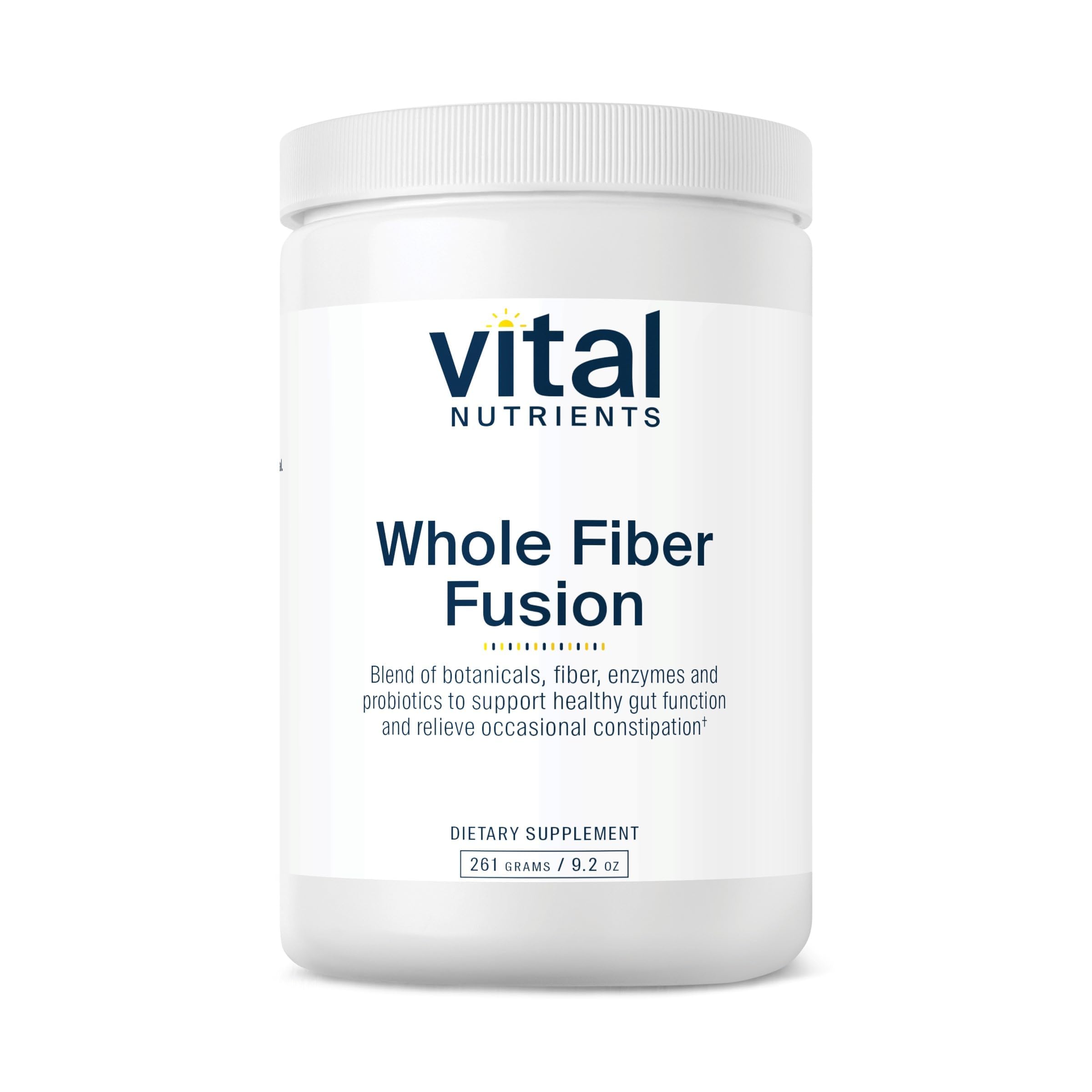 Vital Nutrients Poudre Fusion Fibres Complètes sur emballage, source naturelle de fibres.