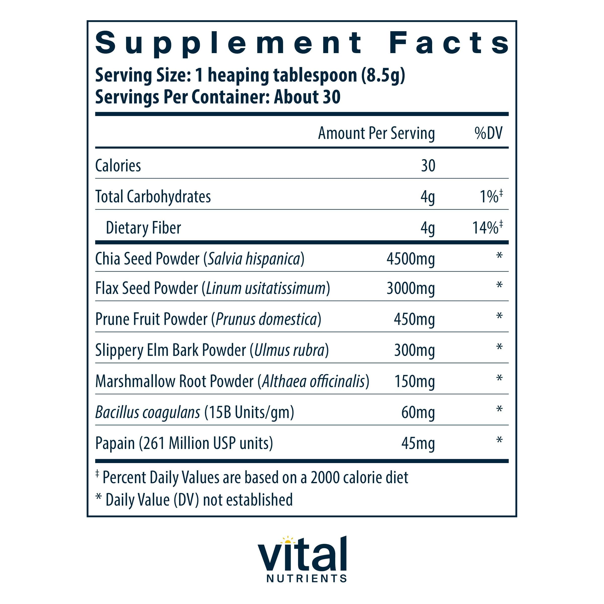Vital Nutrients Poudre Fusion Fibres Complètes versée dans un verre, intégration facile.