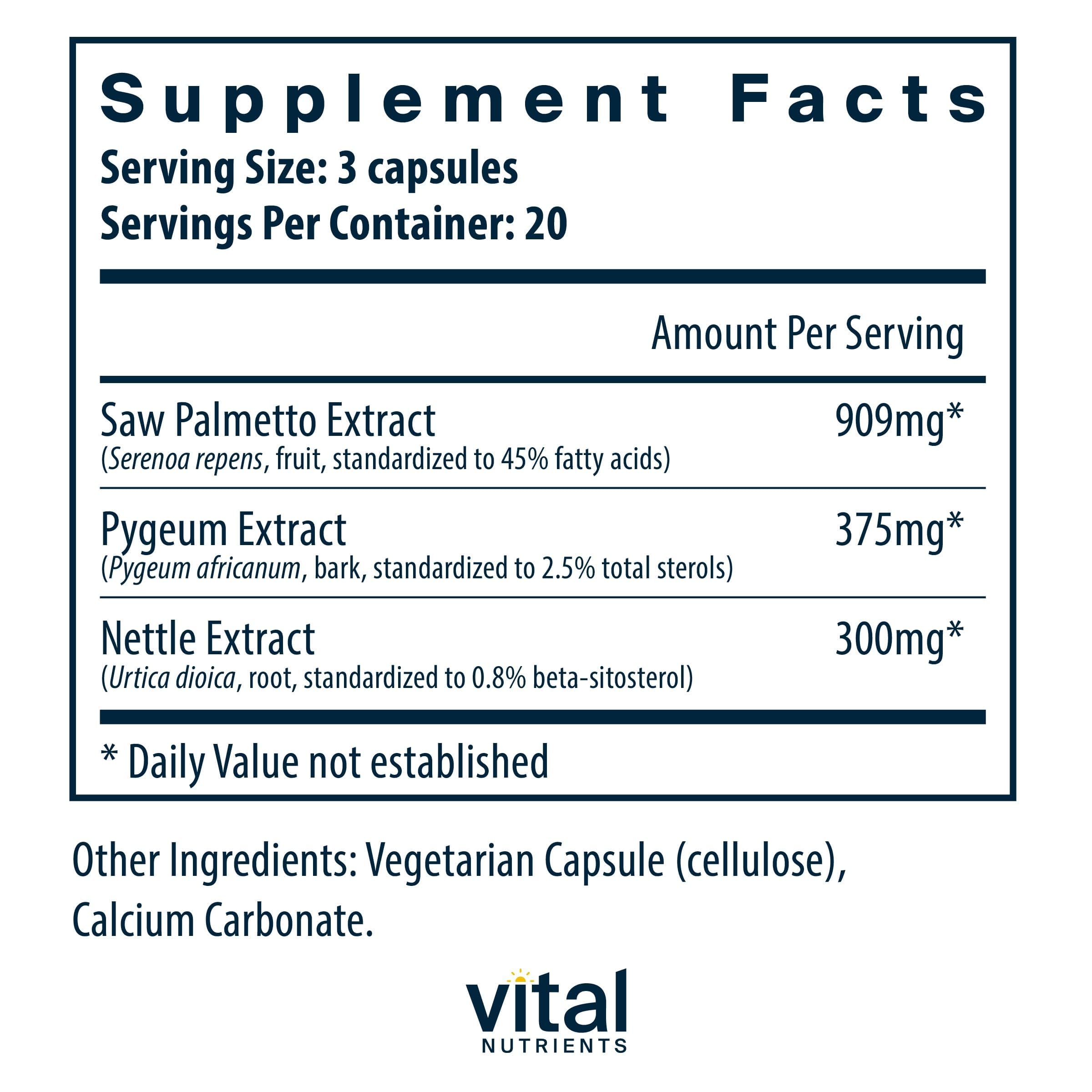 Vital Nutrients Pygeum, extrait, capsules visibles, usage potentiel pour le confort urinaire.