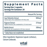 Vital Nutrients Pygeum, extrait, capsules visibles, usage potentiel pour le confort urinaire.