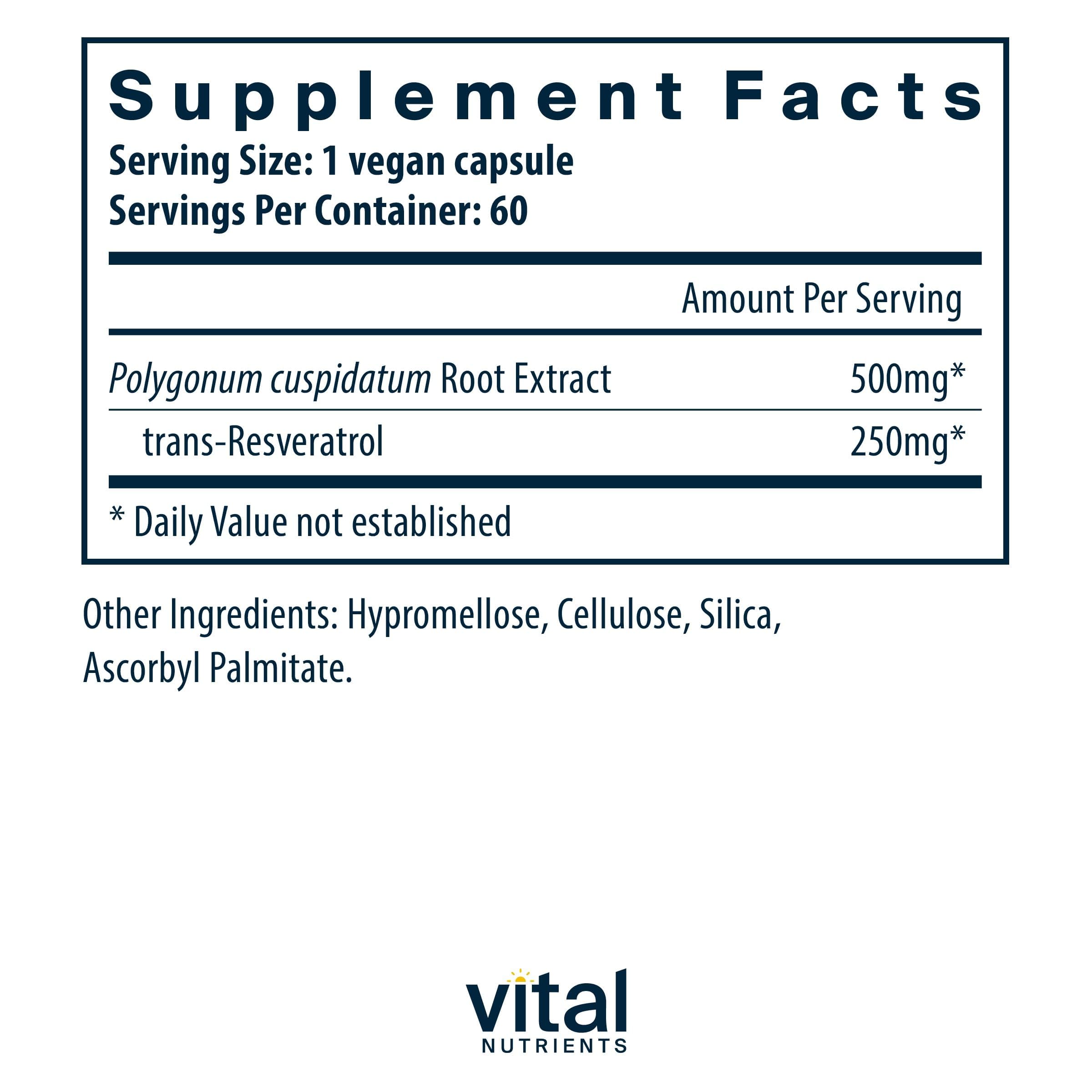 Étiquette Vital Nutrients Résveratrol montrant le dosage et les sources.