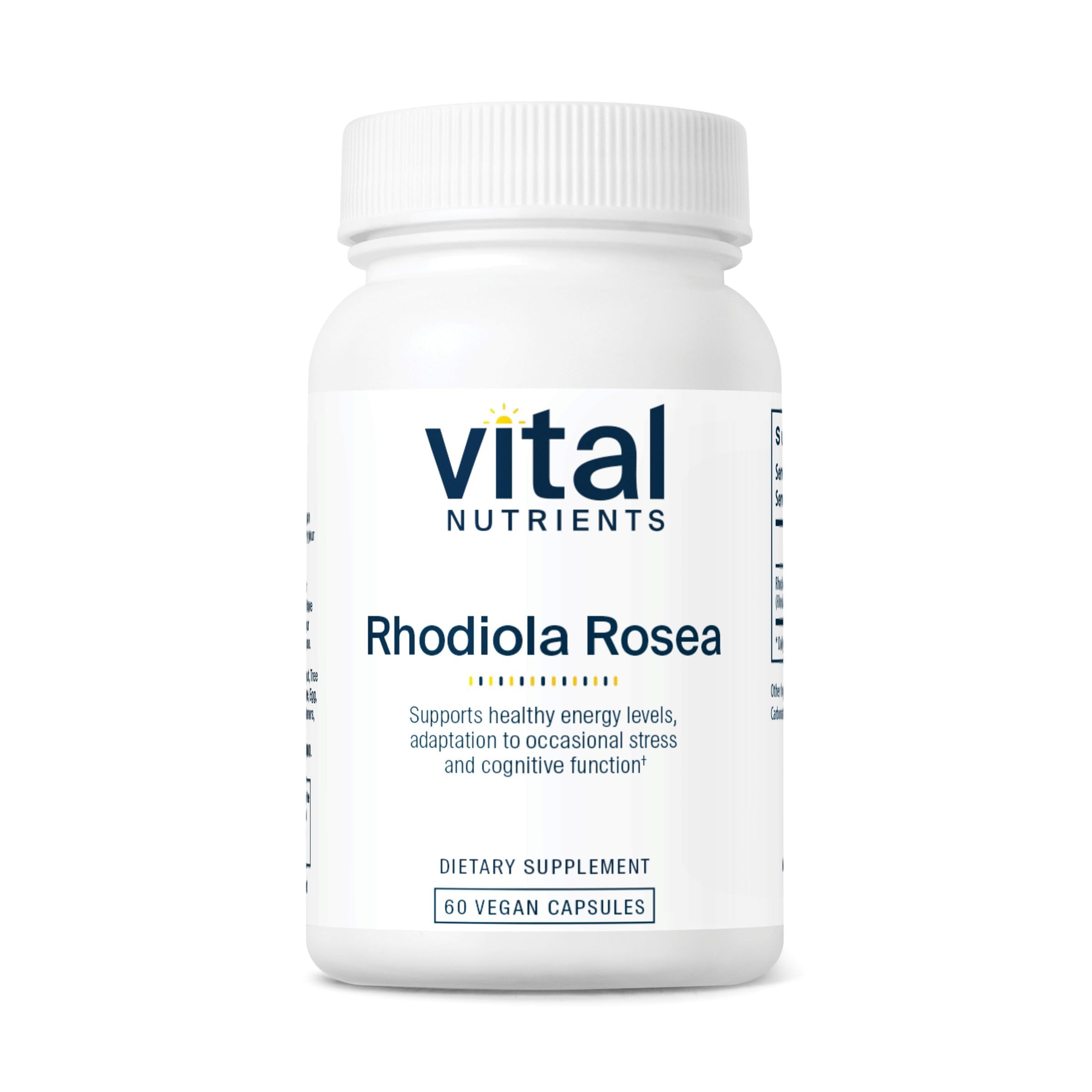 Vital Nutrients Rhodiola Rosea, bouteille de capsules pour énergie durable et clarté mentale.