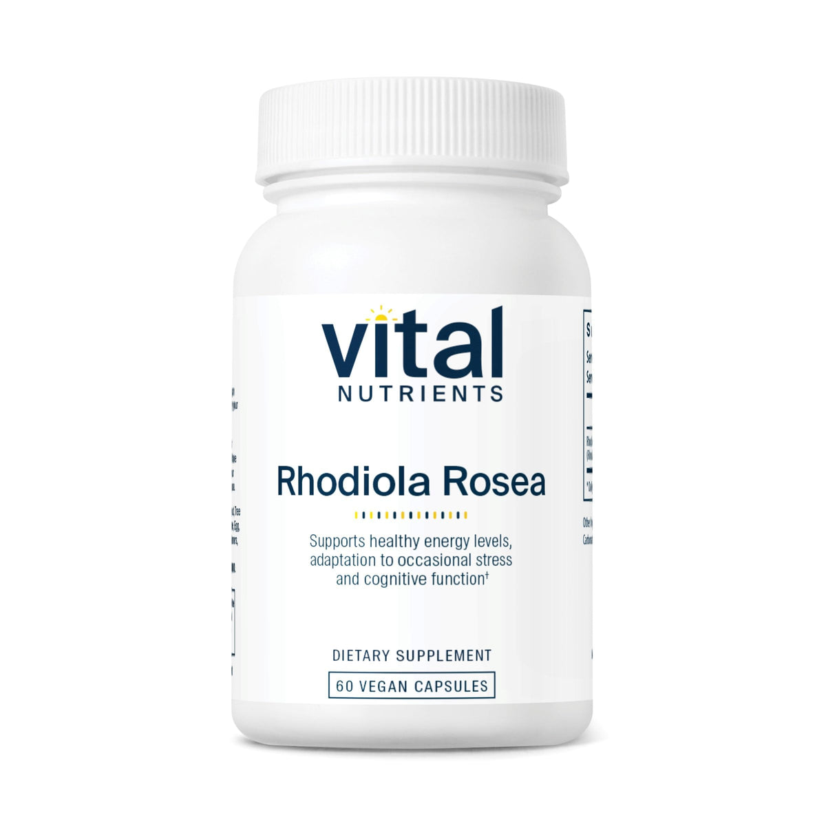 Vital Nutrients Rhodiola Rosea, bouteille de capsules pour énergie durable et clarté mentale.