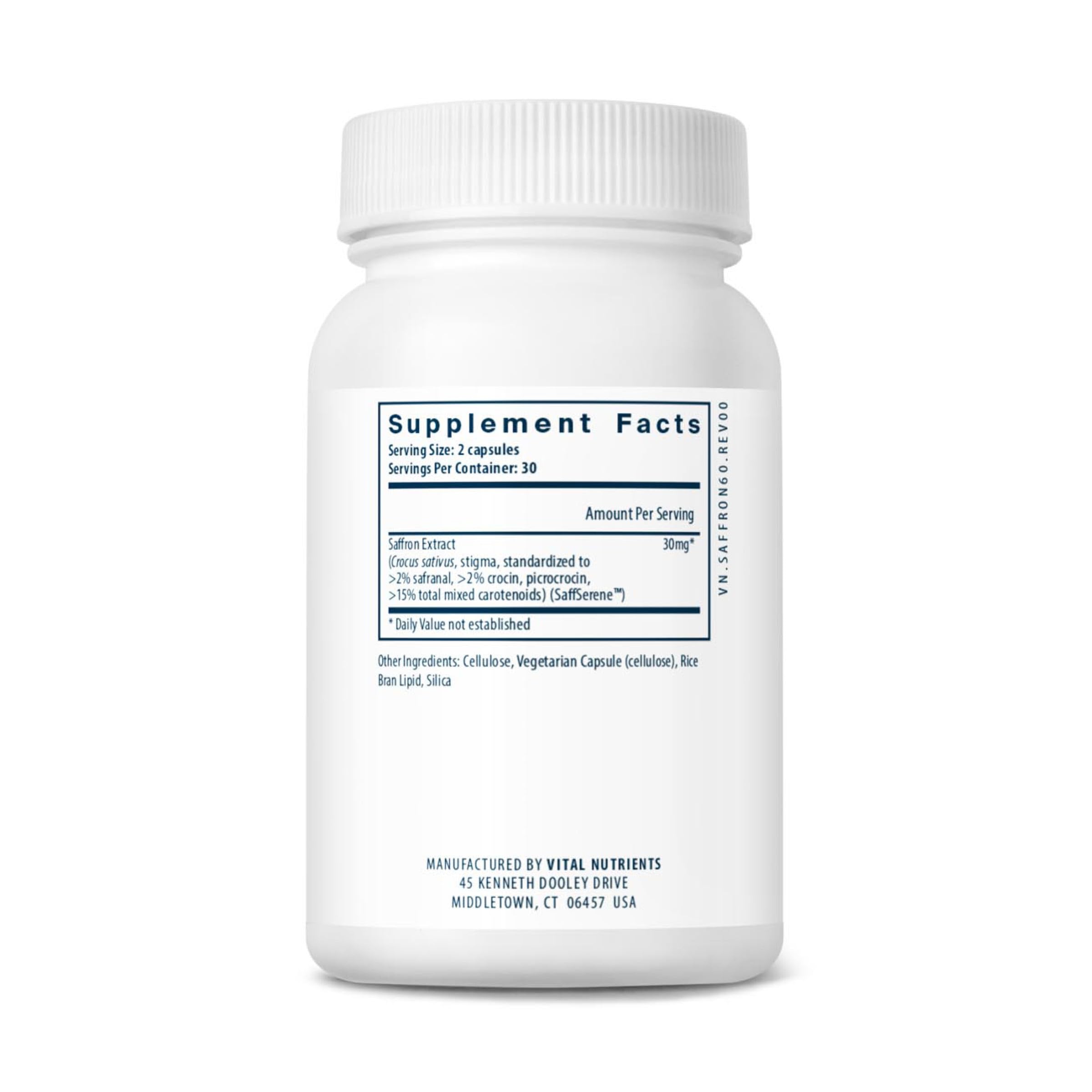 Premier plan du flacon Vital Nutrients Saffron Extrait sur fond blanc.