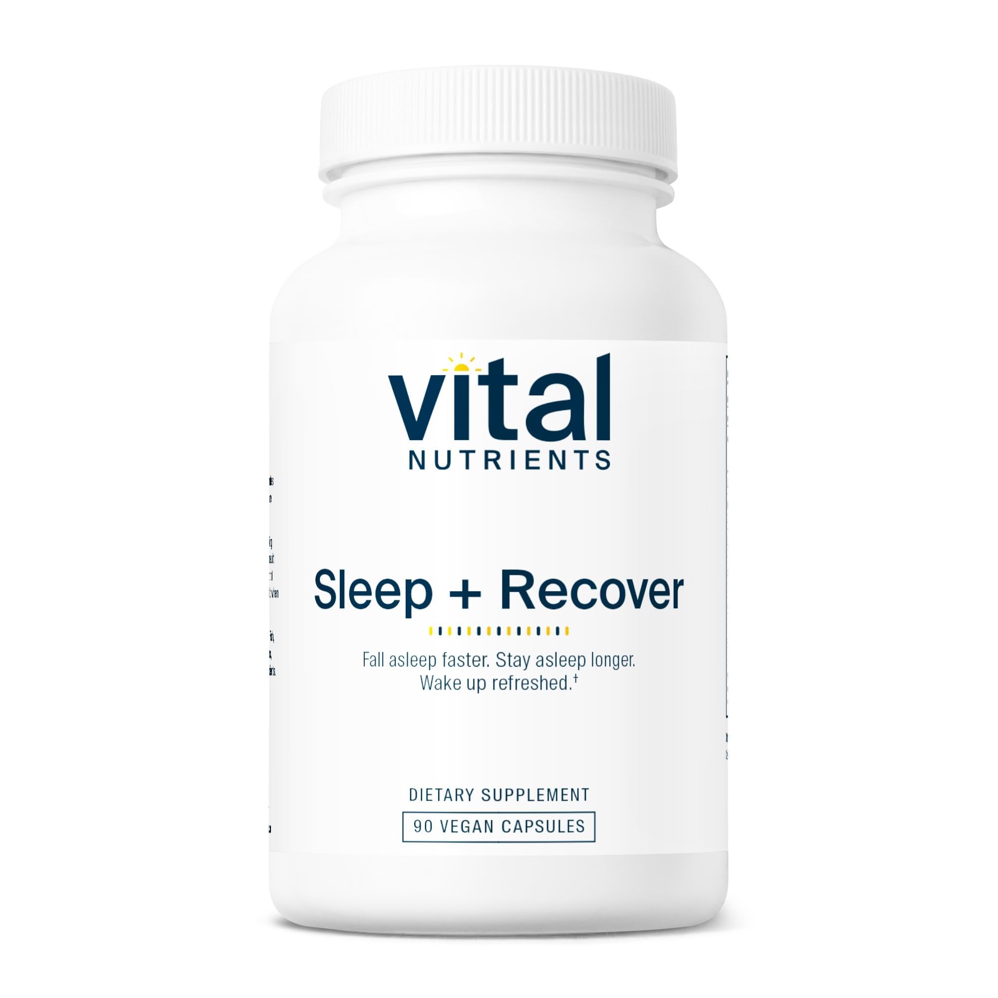 Vital Nutrients Sleep + Recover: bouteille montrant le format vegan pratique avant le coucher
