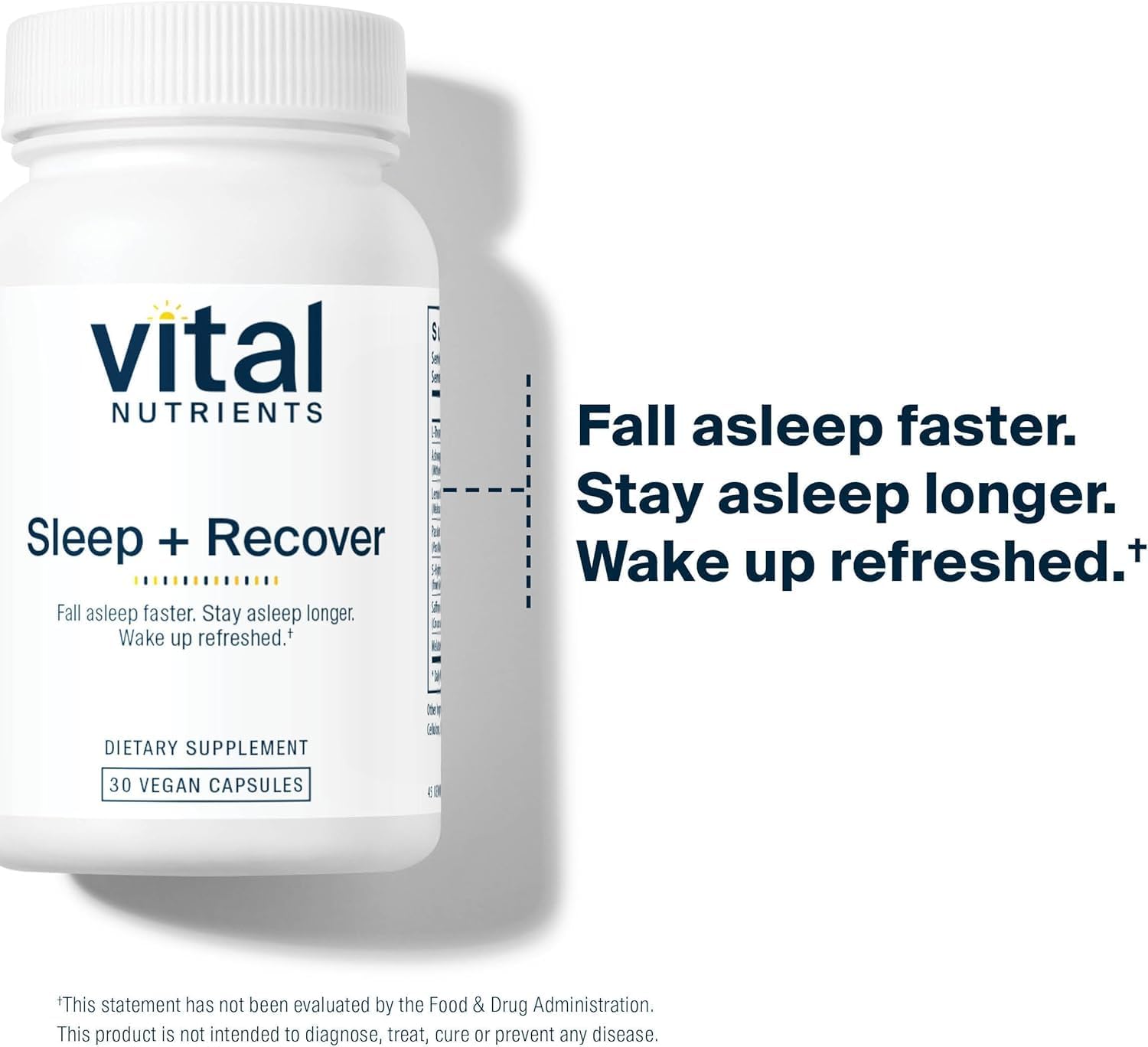 Vital Nutrients Sleep + Recover – ingrédients clés comme mélatonine et L-théanine, favorisant l'endormissement.