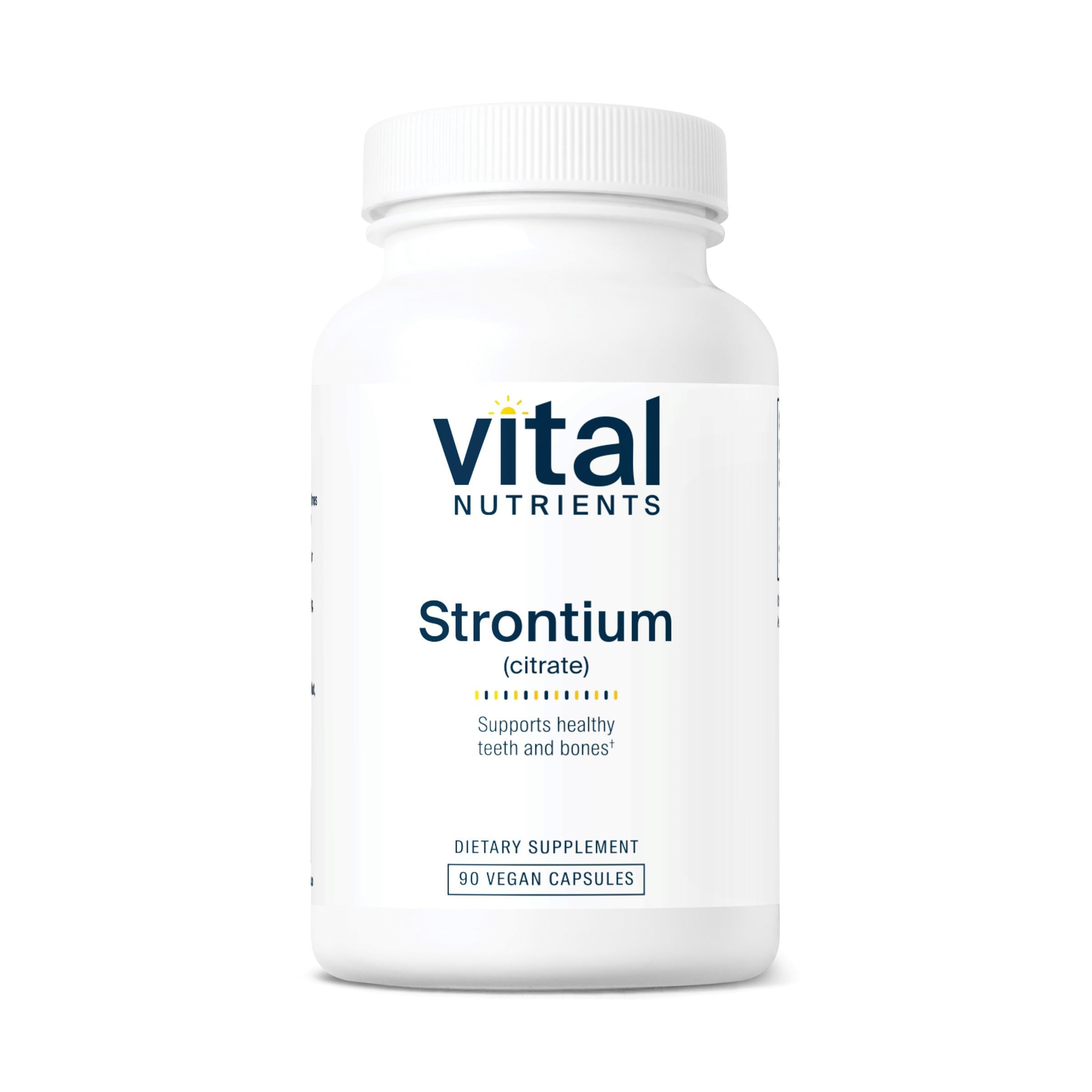 Vital Nutrients Strontium Citrate – bouteille, soutien potentiel des os et des dents pour un quotidien actif.
