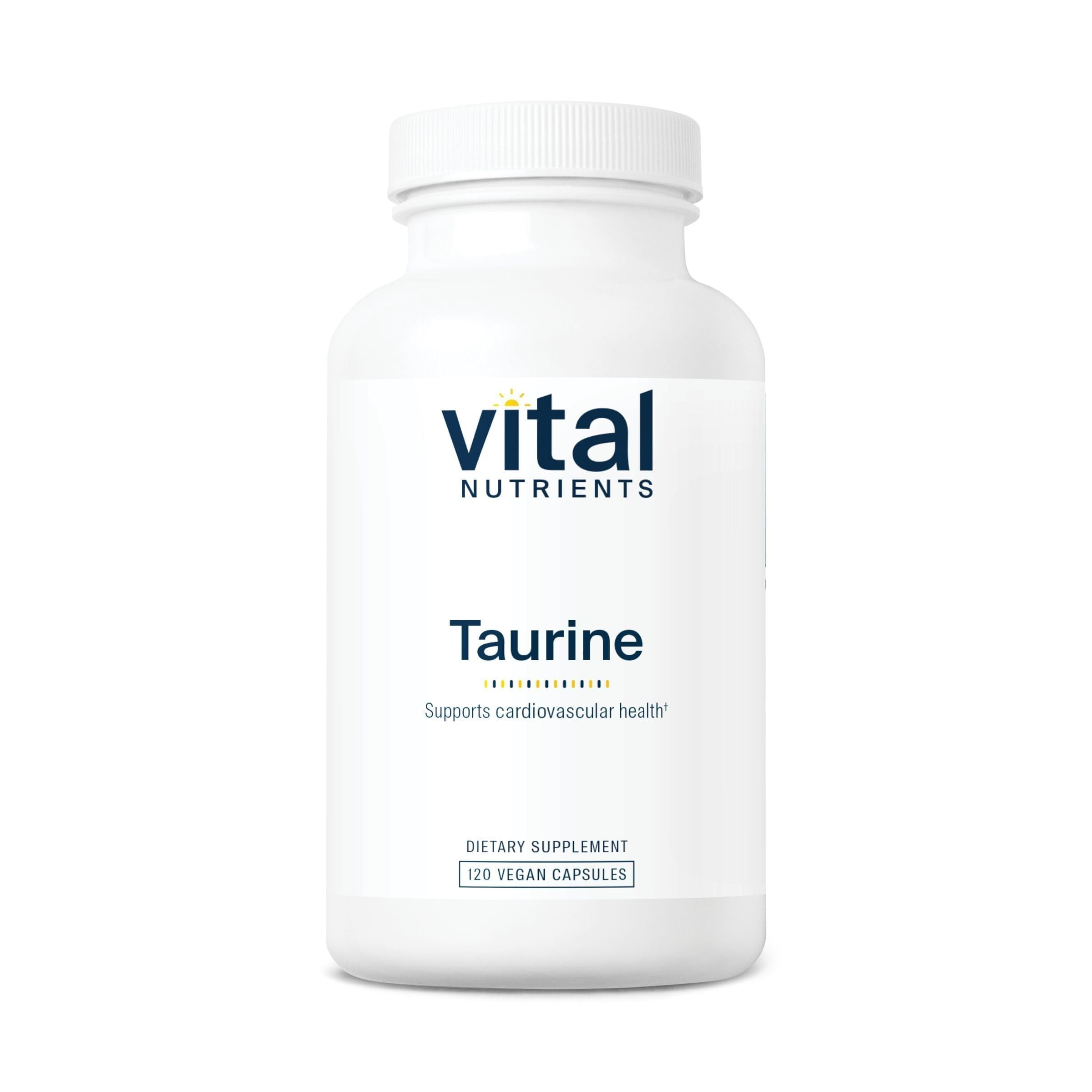 Vital Nutrients Taurine 1000mg, bouteille de capsules, potentiels bienfaits cardio-nerveux