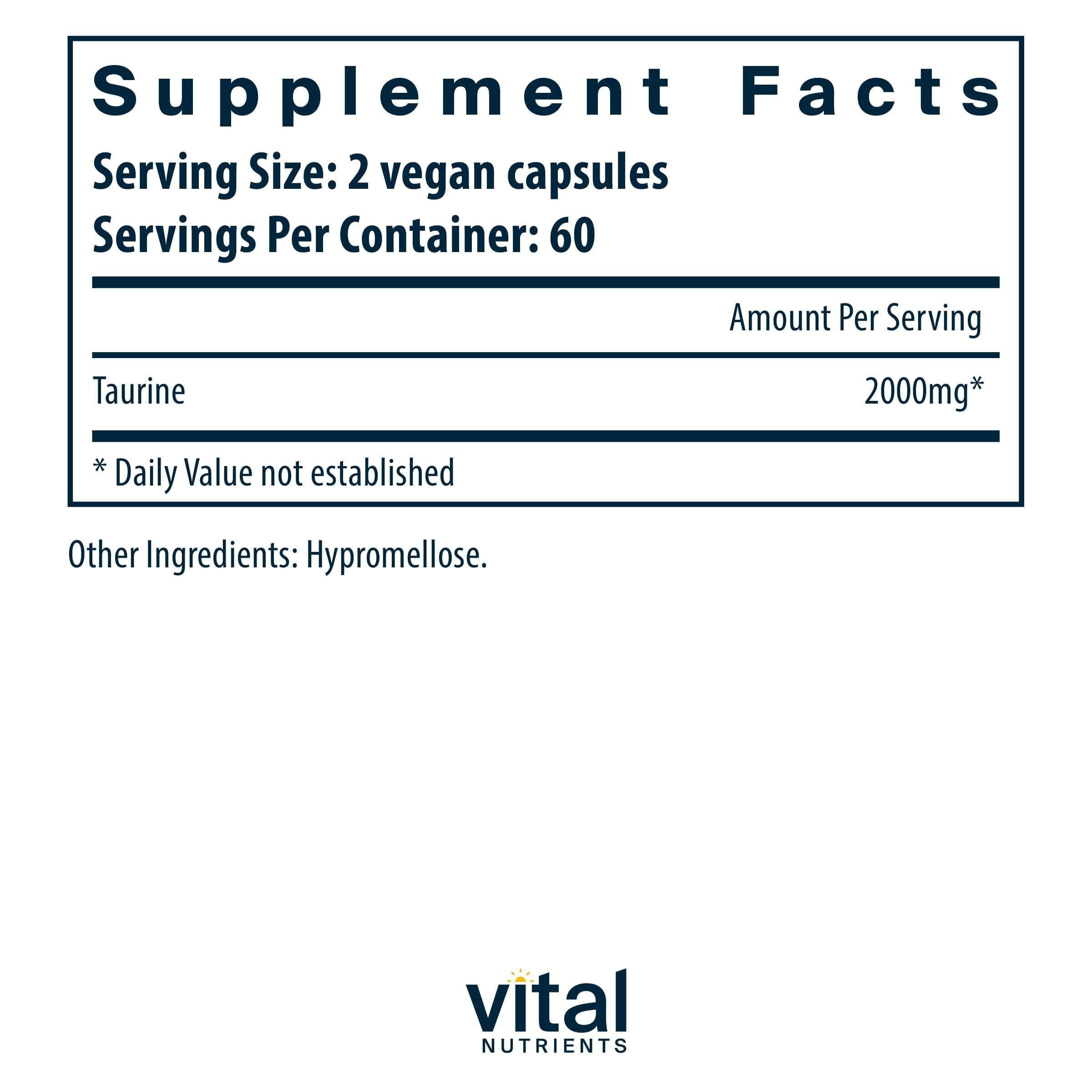 Étiquette claire et boîte Vital Nutrients Taurine 1000mg, informations complètes