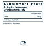 Étiquette claire et boîte Vital Nutrients Taurine 1000mg, informations complètes
