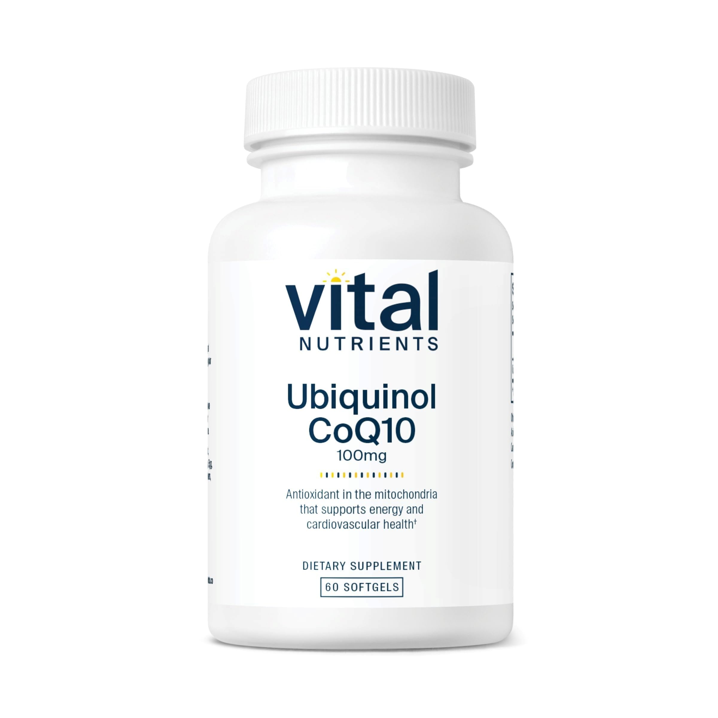 Vital Nutrients Ubiquinol CoQ10 en bouteille — soutien énergie et cœur potentiels.