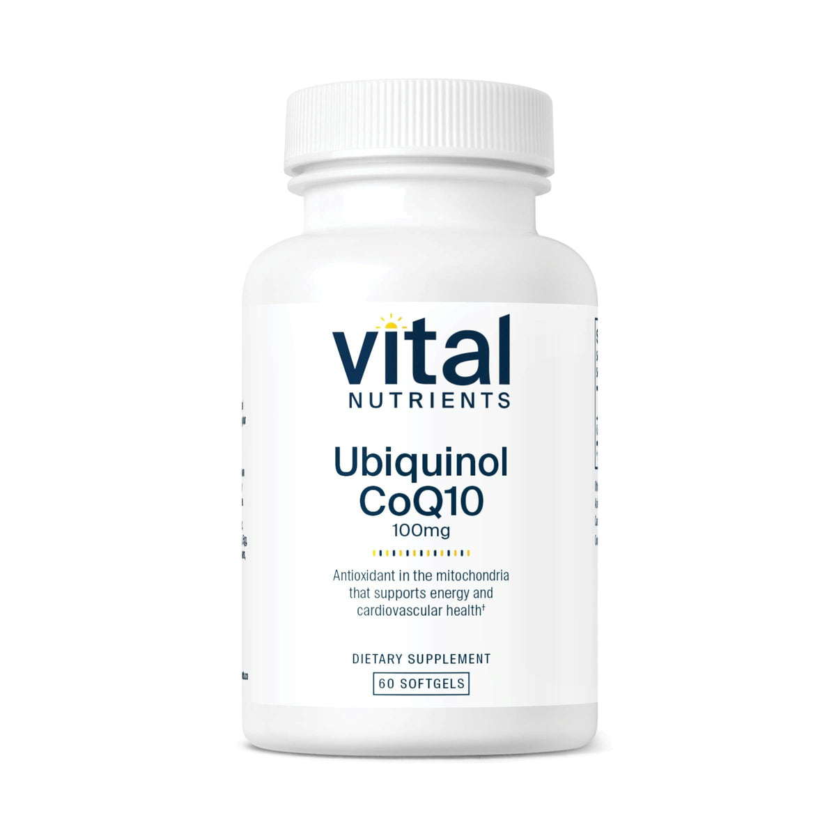 Vital Nutrients Ubiquinol CoQ10 en bouteille — soutien énergie et cœur potentiels.
