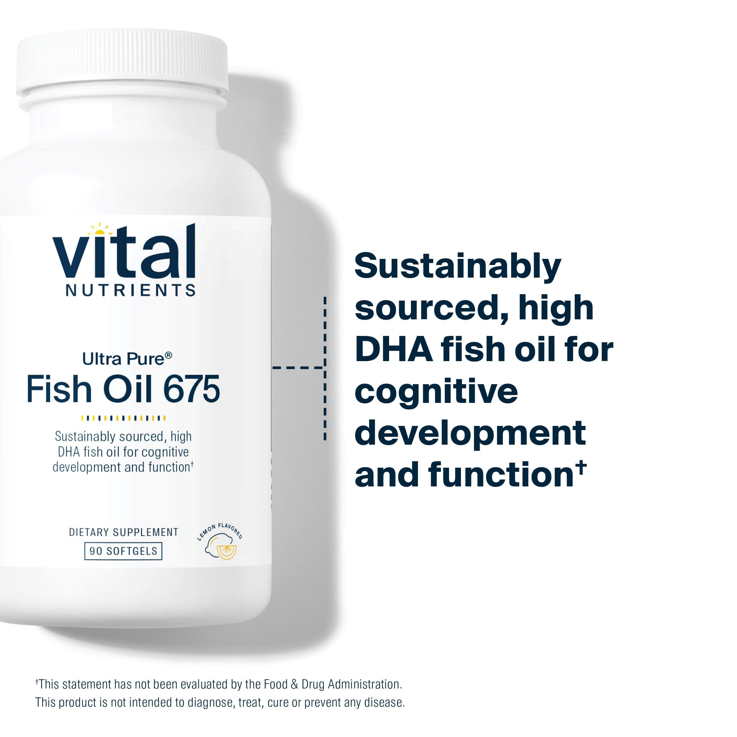 Vital Nutrients Ultra Pure Huile Poisson 675 – DHA 500 mg par gélule pour l'apport quotidien.
